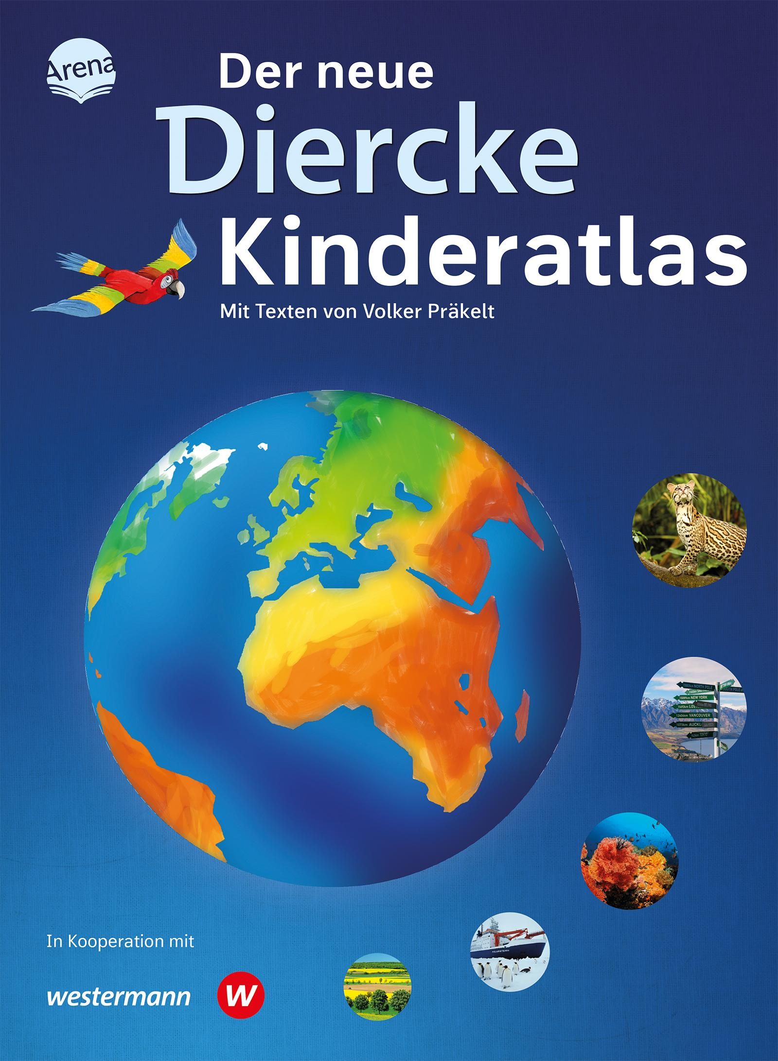 Kinderatlas mit Titel "Der neue Diercke Kinderatlas". Cover mit Weltkarte, Papagei und Logos.