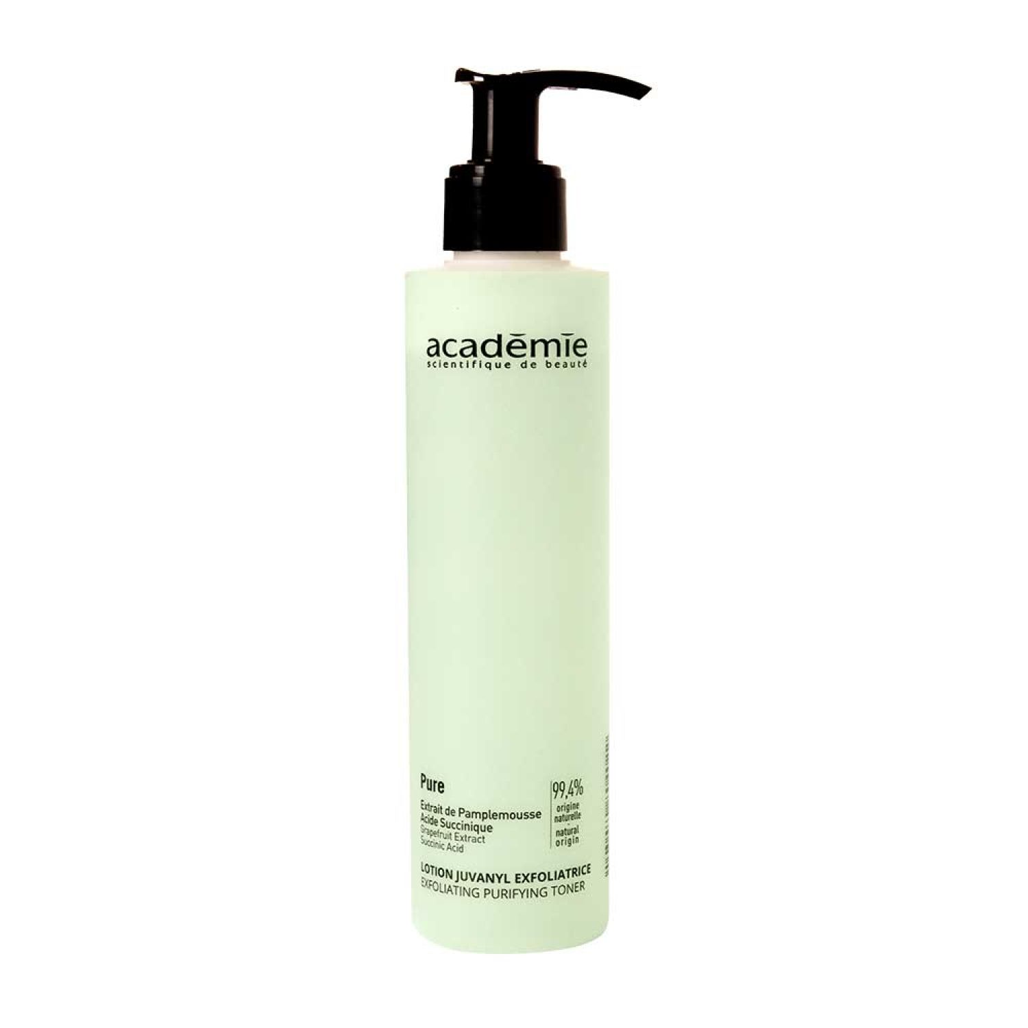 Hellgrüne Flasche mit schwarzem Pumpkopf. Aufschrift: Académie scientifique de beauté, Pure, Lotion Juvanyl Exfoliatrice.