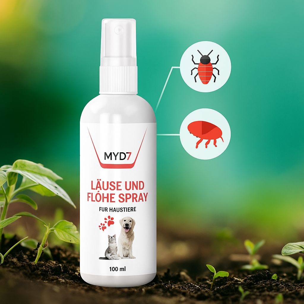 Weiße Sprühflasche mit roter Aufschrift MYD7, "Läuse und Flöhe Spray". Abbildung von Katze und Hund. Insekten-Illustrationen.