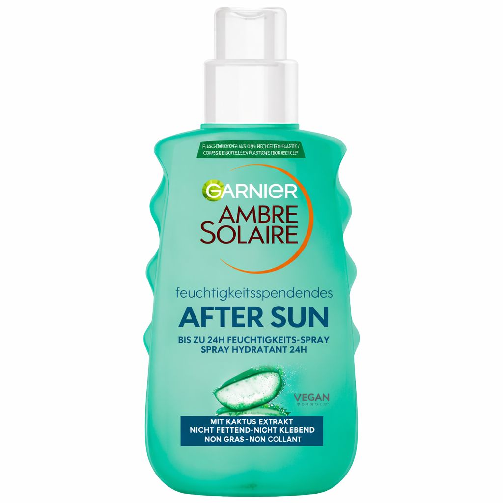 Grüne Garnier Ambre Solaire After Sun Spray Flasche. Text: Feuchtigkeitsspendend, mit Kaktus-Extrakt, nicht fettend, vegan.