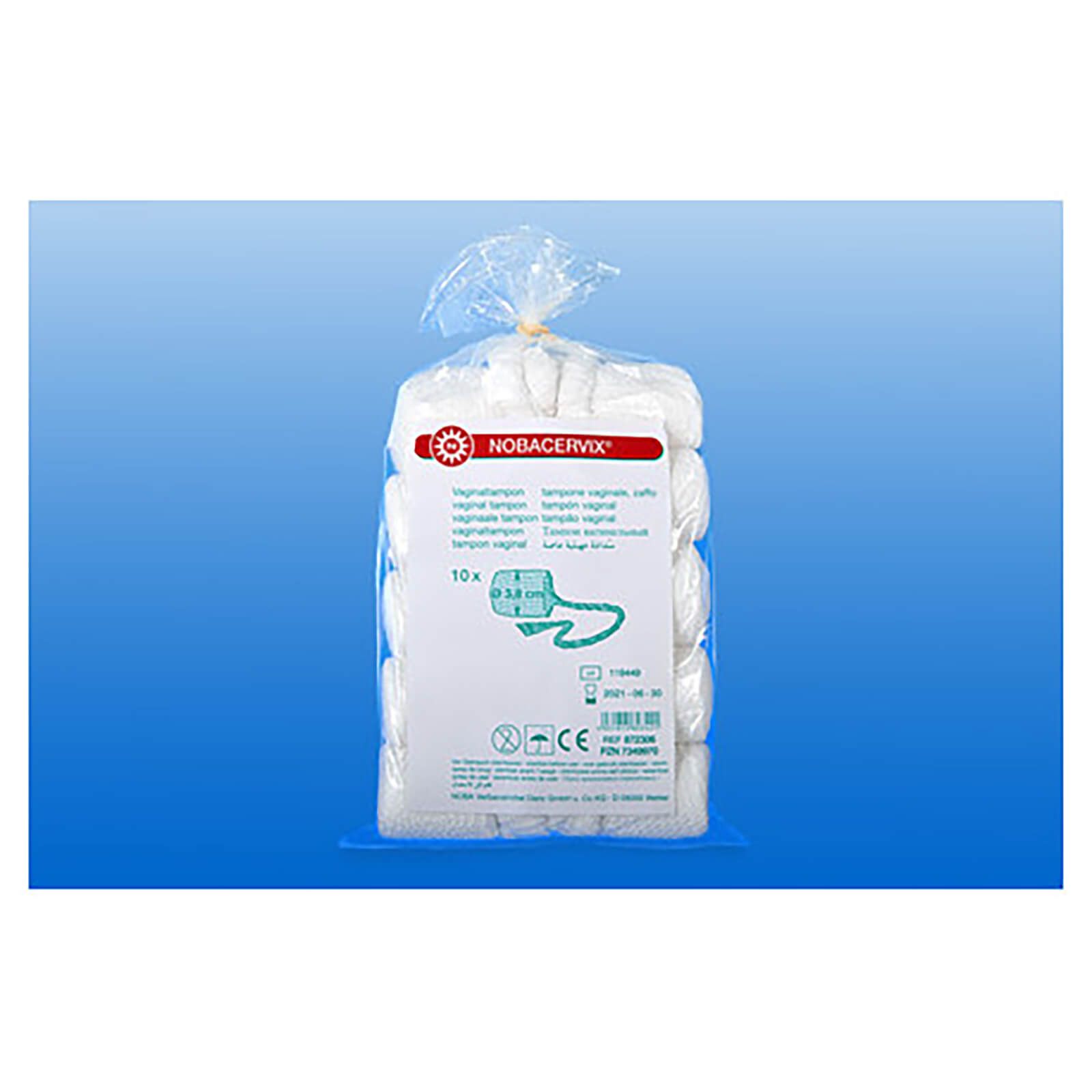 Klare Verpackung mit mehreren weißen, netzartigen Produkten. Produktname und Details auf Etikett. 10 Stück.
