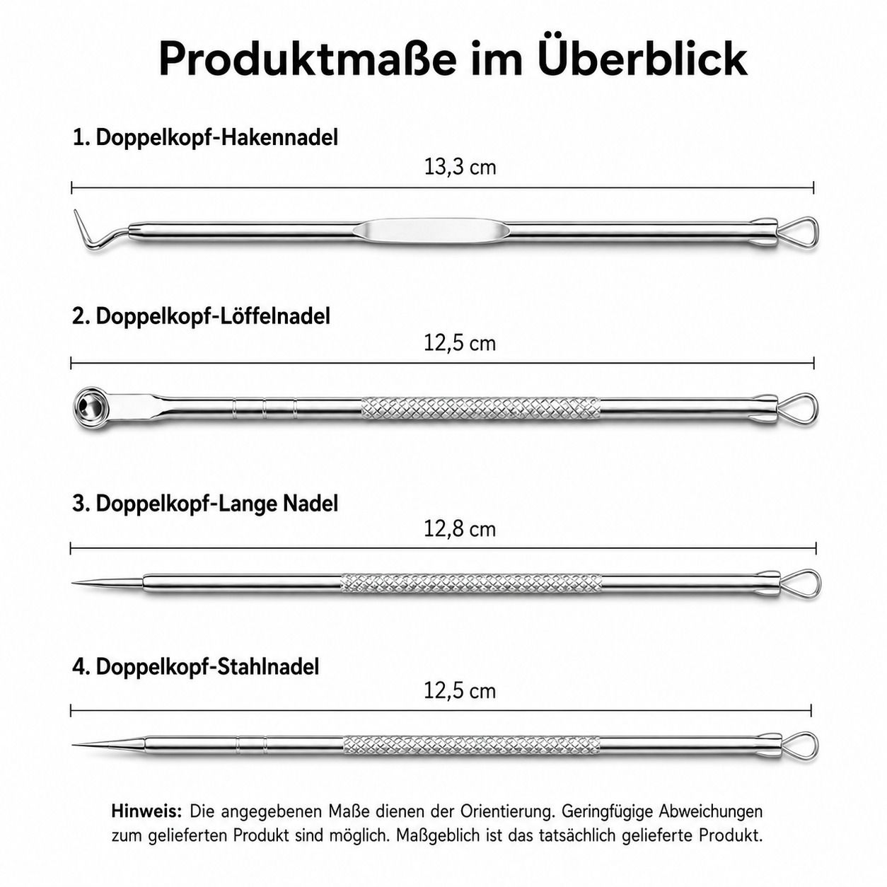 Vier Komedonenquetscher aus Edelstahl. Größenangaben in cm. 1. Haken, 13,3 cm. 2. Löffel, 12,5 cm. 3. Nadel, 12,8 cm. 4. Nadel, 12,5 cm.