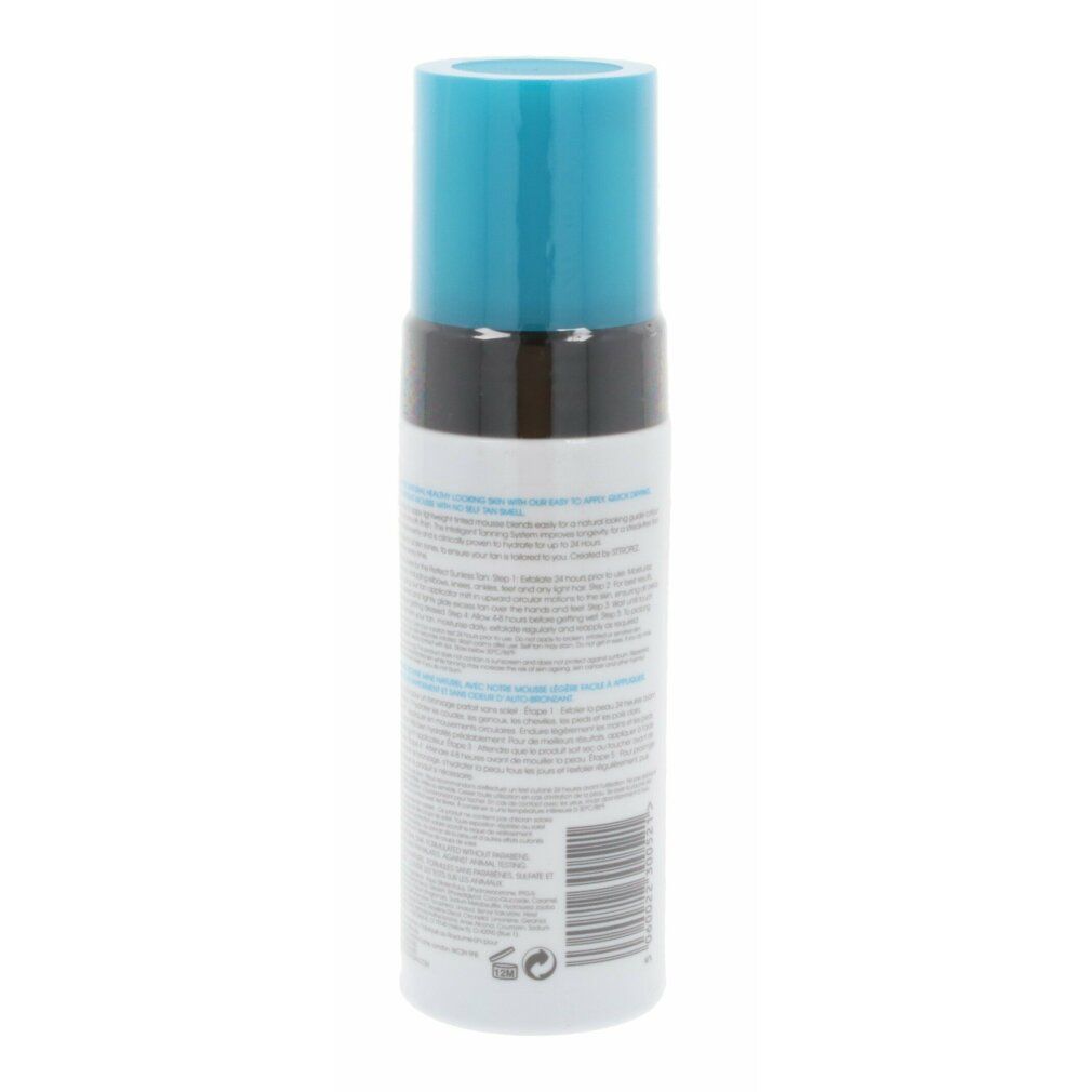 Rückseite der St.Tropez Selbstbräuner-Mousse-Flasche. Weiße Flasche mit Text und blauer Kappe. Produktinformationen.