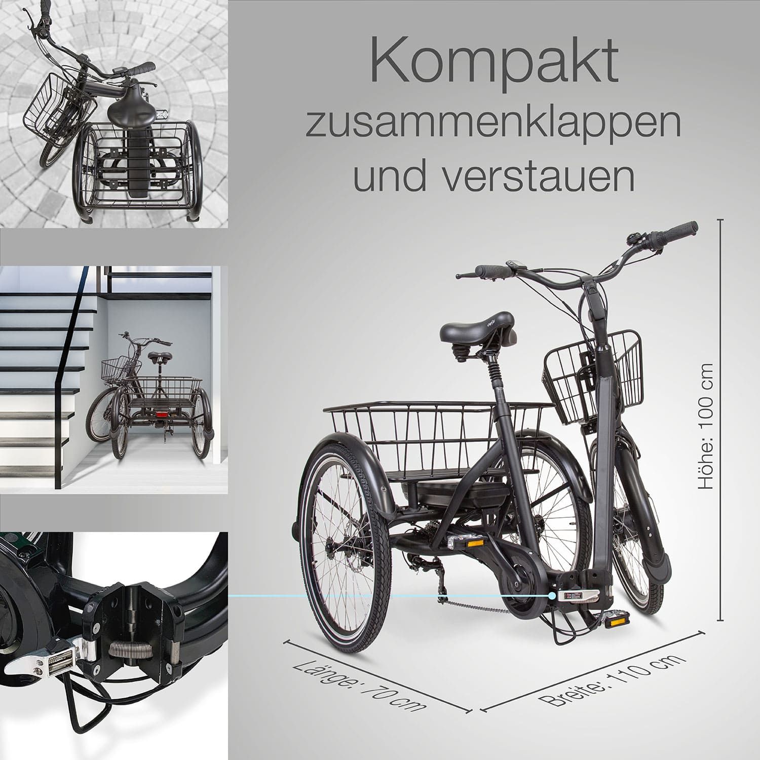 Dreirad, gefaltet und entfaltet, mit Maßangaben: 170 cm Länge, 110 cm Breite, 100 cm Höhe. Text: 'Kompakt zusammenklappen'.