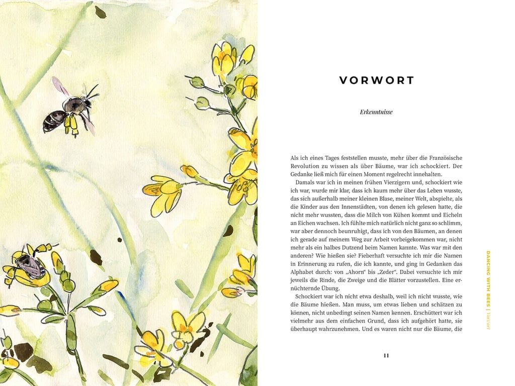 Buchseite mit Text und Illustrationen. Titel: Dancing with Bees. Verlag Löwenzahn. Illustrationen von Bienen und Pflanzen.