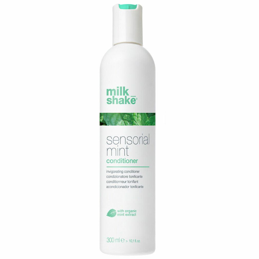 Weiße Flasche mit grünem Aufdruck. Beschriftung: milk_shake, sensorial mint conditioner. Enthält Minzextrakt. Volumen: 300 ml.