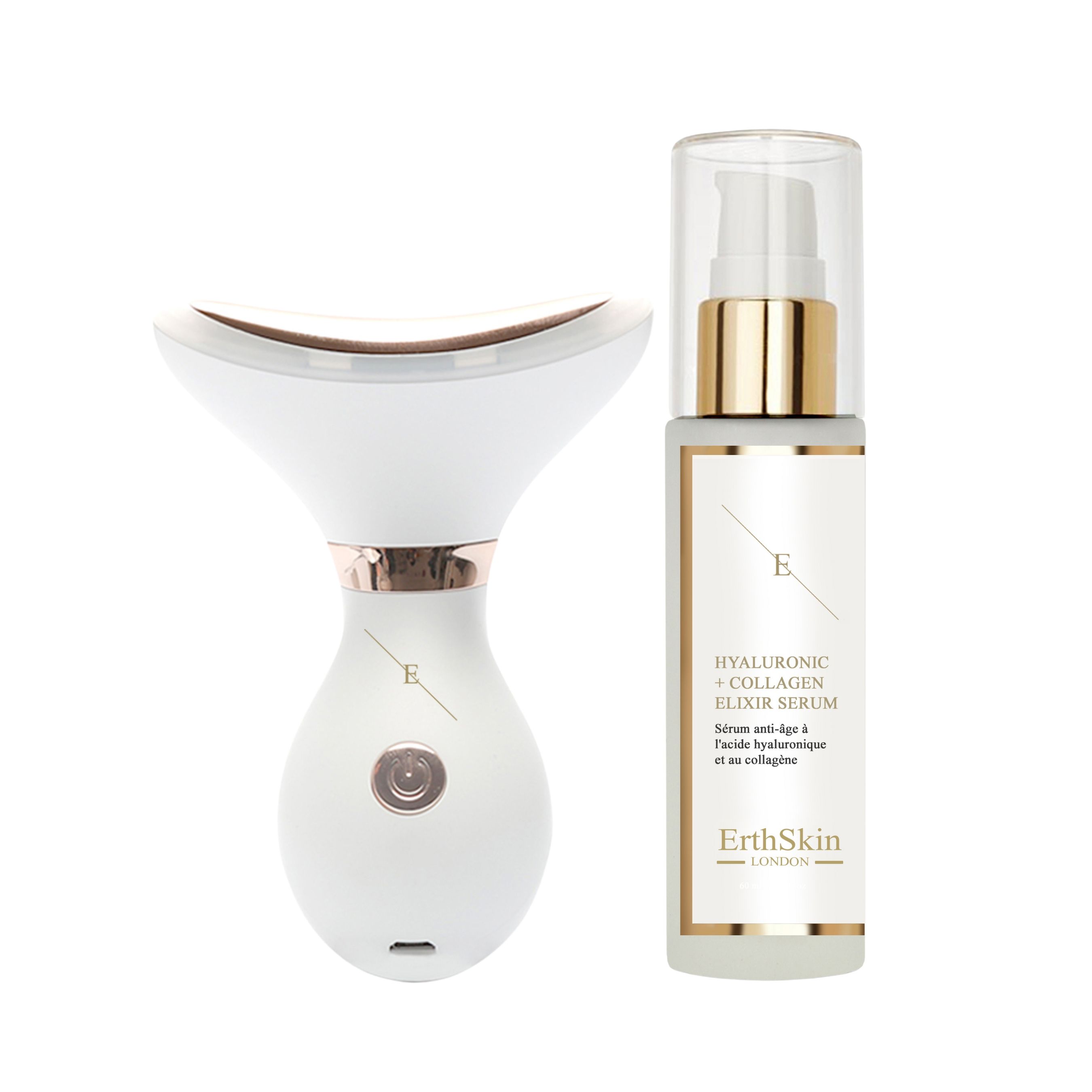 Weißes Gerät mit geschwungenem Kopf und Serumflasche. Das Gerät hat einen runden Knopf. Auf der Flasche steht Hyaluronic + Collagen Elixir Serum.