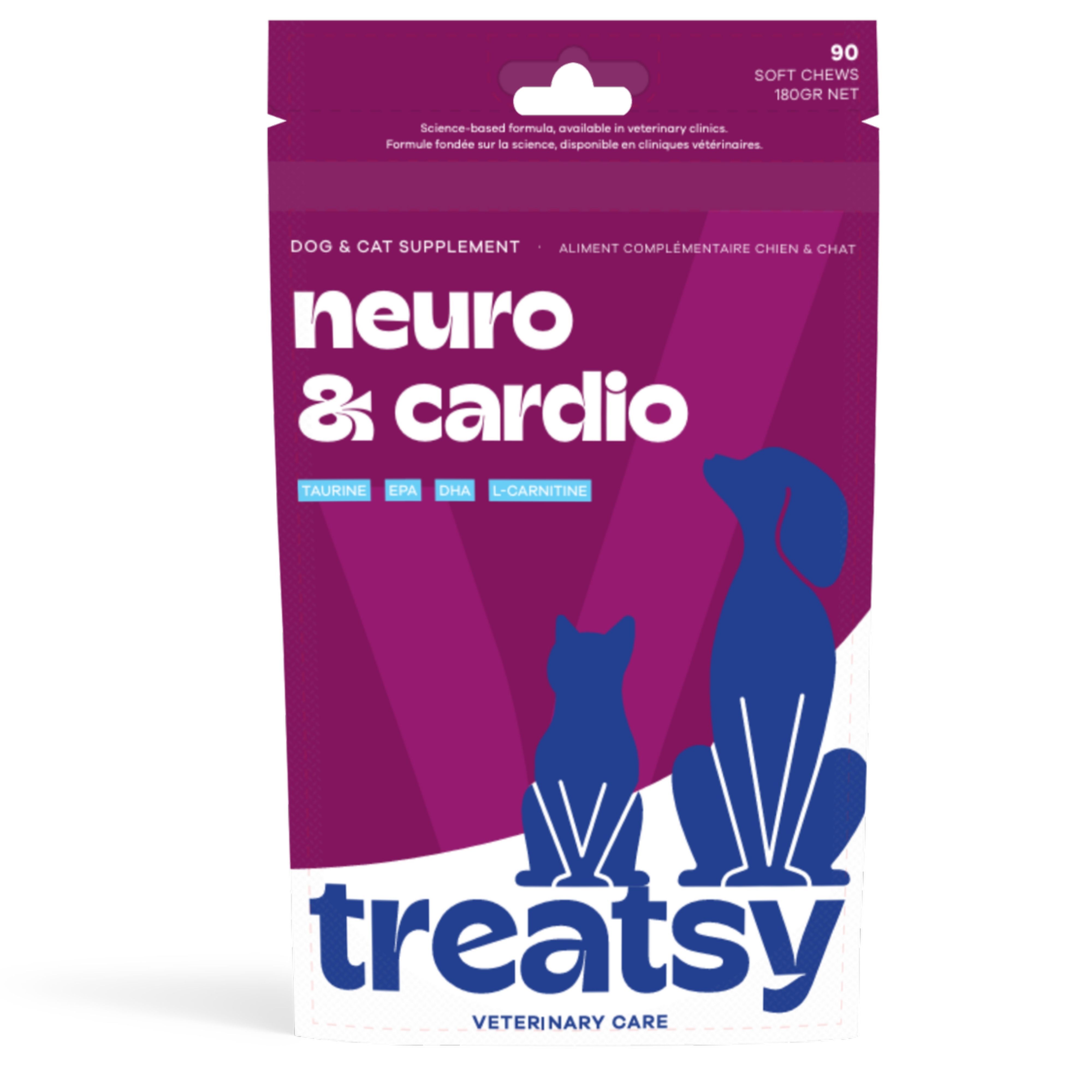 Ergänzungsfuttermittel für Hunde und Katzen. Packung mit 90 Soft Chews. Marke Treatsy, Text: Neuro & Cardio.