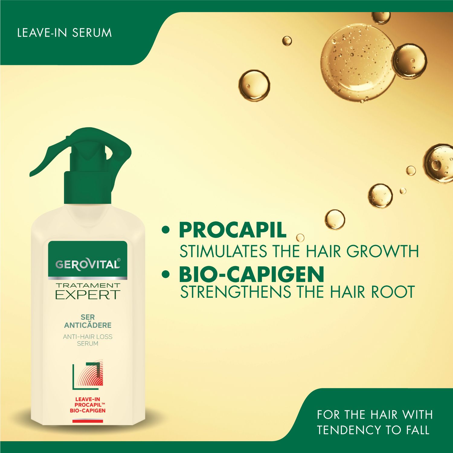 Beige Flasche mit grünem Sprühkopf. Aufschrift: Gerovital Tratament Expert, Ser Anticadere, Anti-Haarausfall Serum. Text: Procapi, Bio-Capigen.