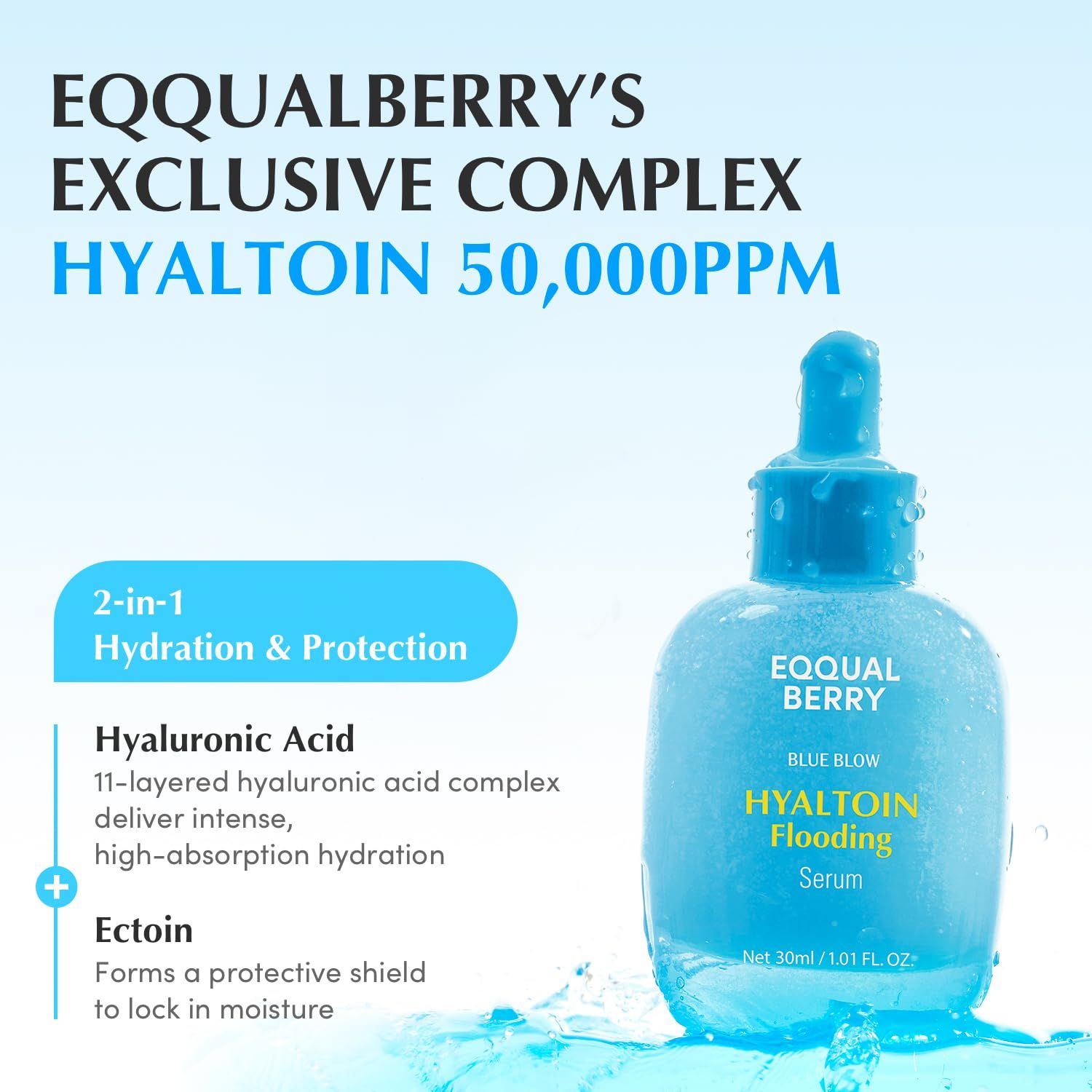 Blauer Flakon mit Pipette, EQQUALBERRY Hyaltoin Flooding Serum, 30ml.