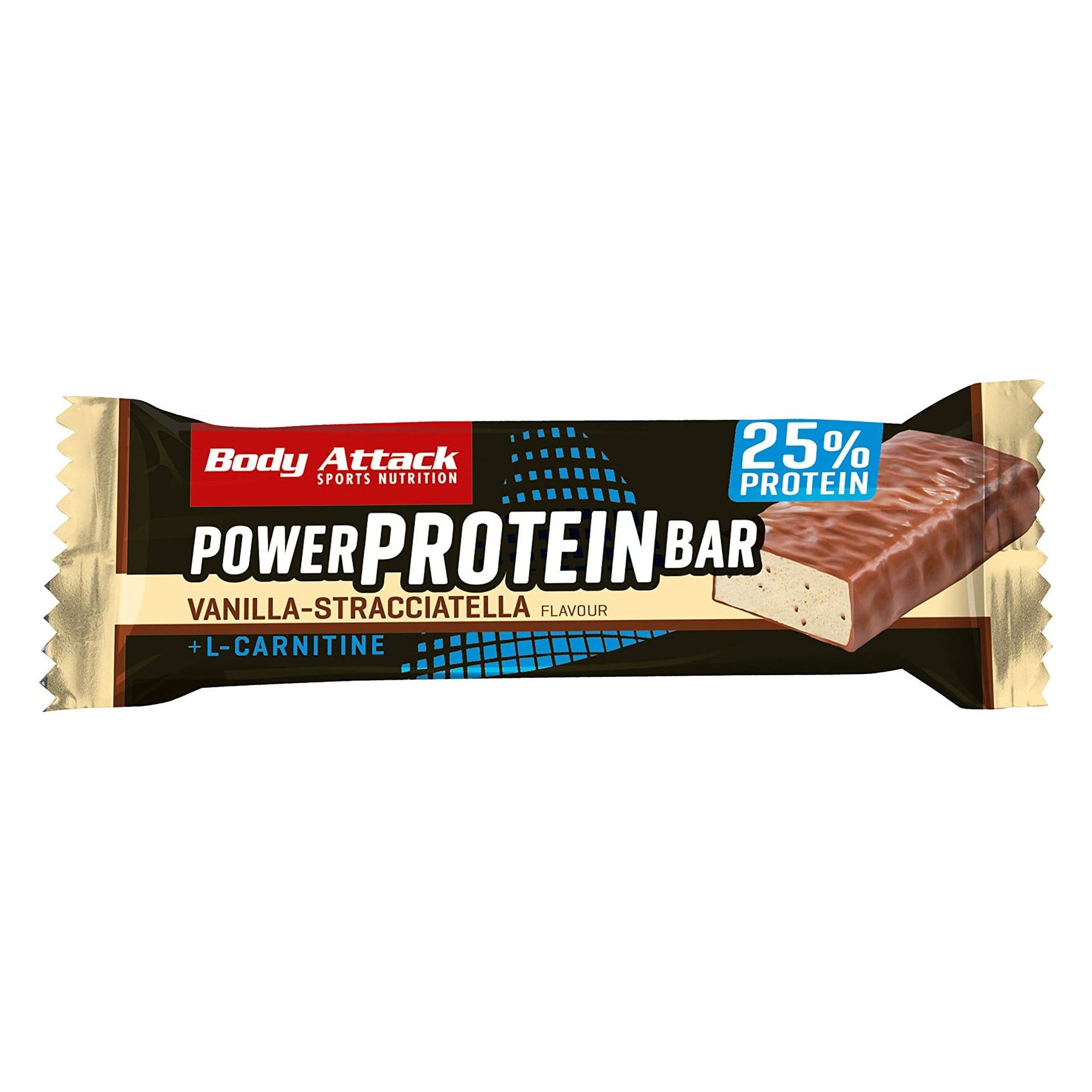 Body Attack Power Protein Bar, Vanilla-Stracciatella flavour. The bar is in a gold and black wrapper with the brand name and product information.