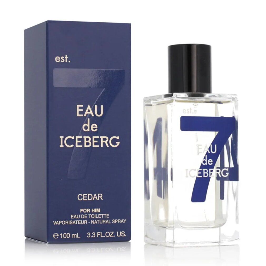Dunkelblaue Schachtel und Flakon. Aufschrift: Eau de Iceberg Cedar. Schwarzer Deckel. Klarer Flakon mit blauer 7.