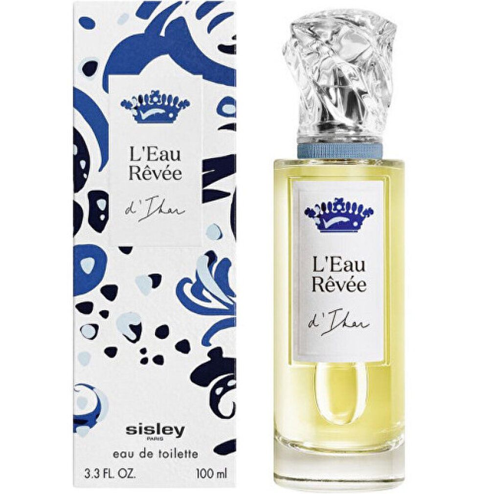 Glasflasche und Verpackung. Aufschrift: L'Eau Rêvée d'Ikar, Sisley Paris, Eau de Toilette. 3.3 FL. OZ. 100 ml.