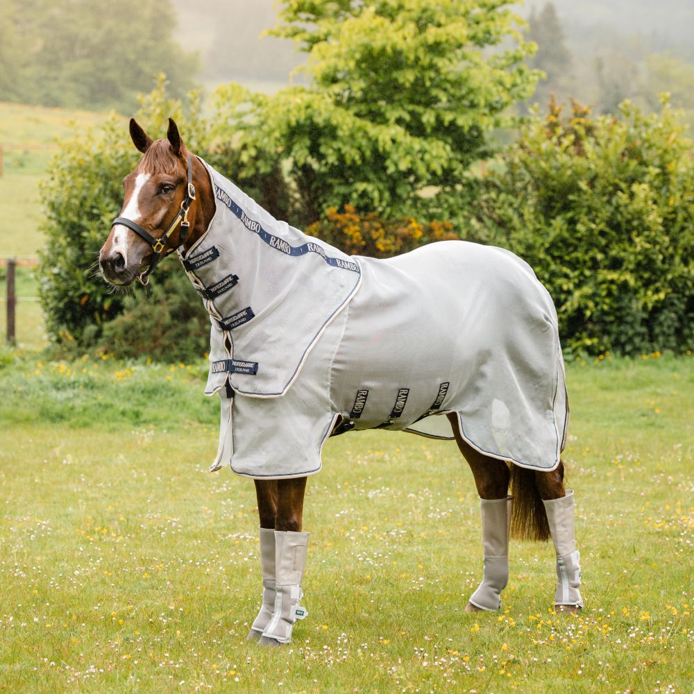 Pferdedecke Rambo Protector Plus, hellgrau. Mit Beinschutz, Brustverschluss, Schulterbereich. Auf einem Pferd im Freien.