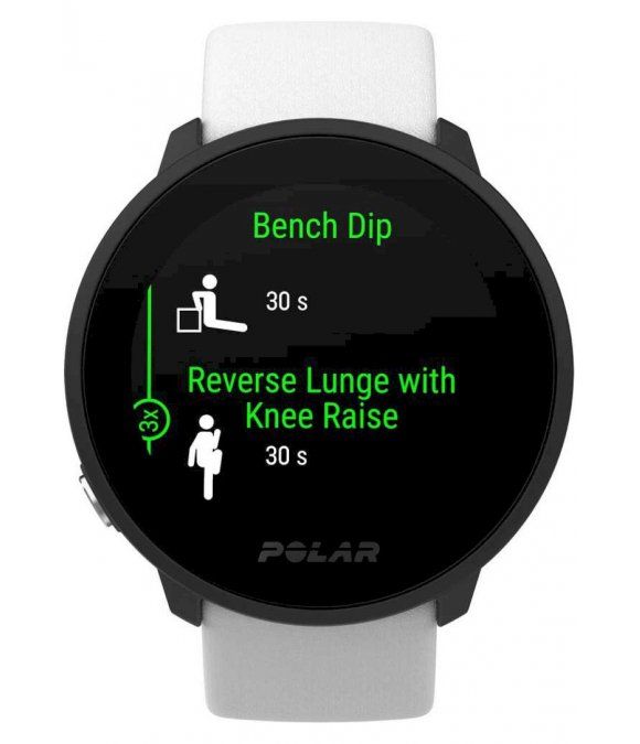 Polar Unite Fitnessuhr mit Trainingsanweisungen. Anzeige: Übungen, Dauer. Schwarzes Gehäuse, weißes Armband.