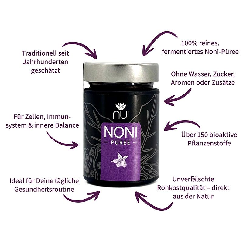 Glas NUI NONI Püree. Schwarzes Glas mit silbernem Deckel. Aufschrift: NUI NONI Püree. Lila Etikett. Pfeile zeigen auf Vorteile des Produkts.