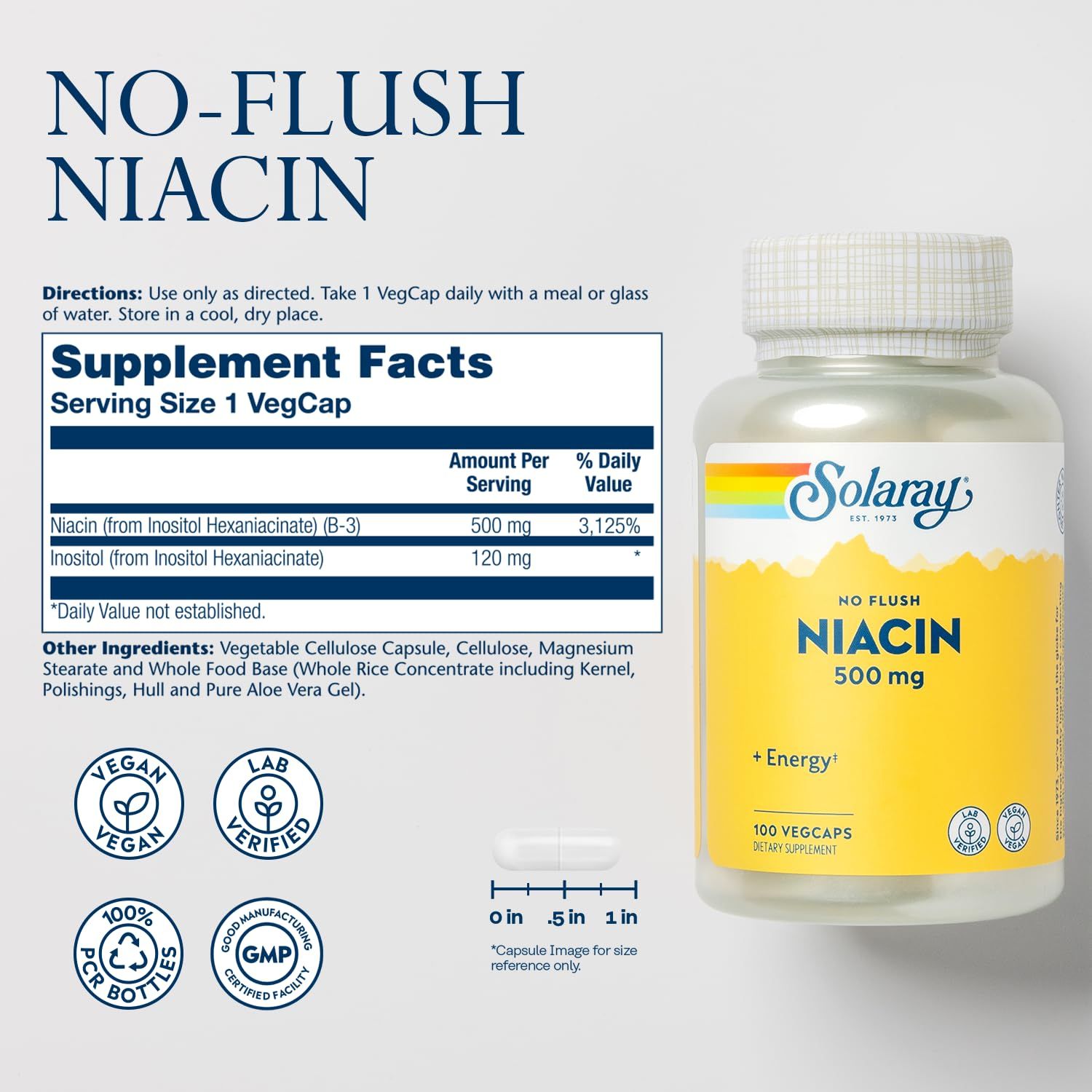 Nahrungsergänzungsmittel. Weiße Kapsel neben einer Flasche Solaray Niacin 500 mg. Vegan, Laborgeprüft, 100% PCR-Flaschen, GMP-zertifiziert.