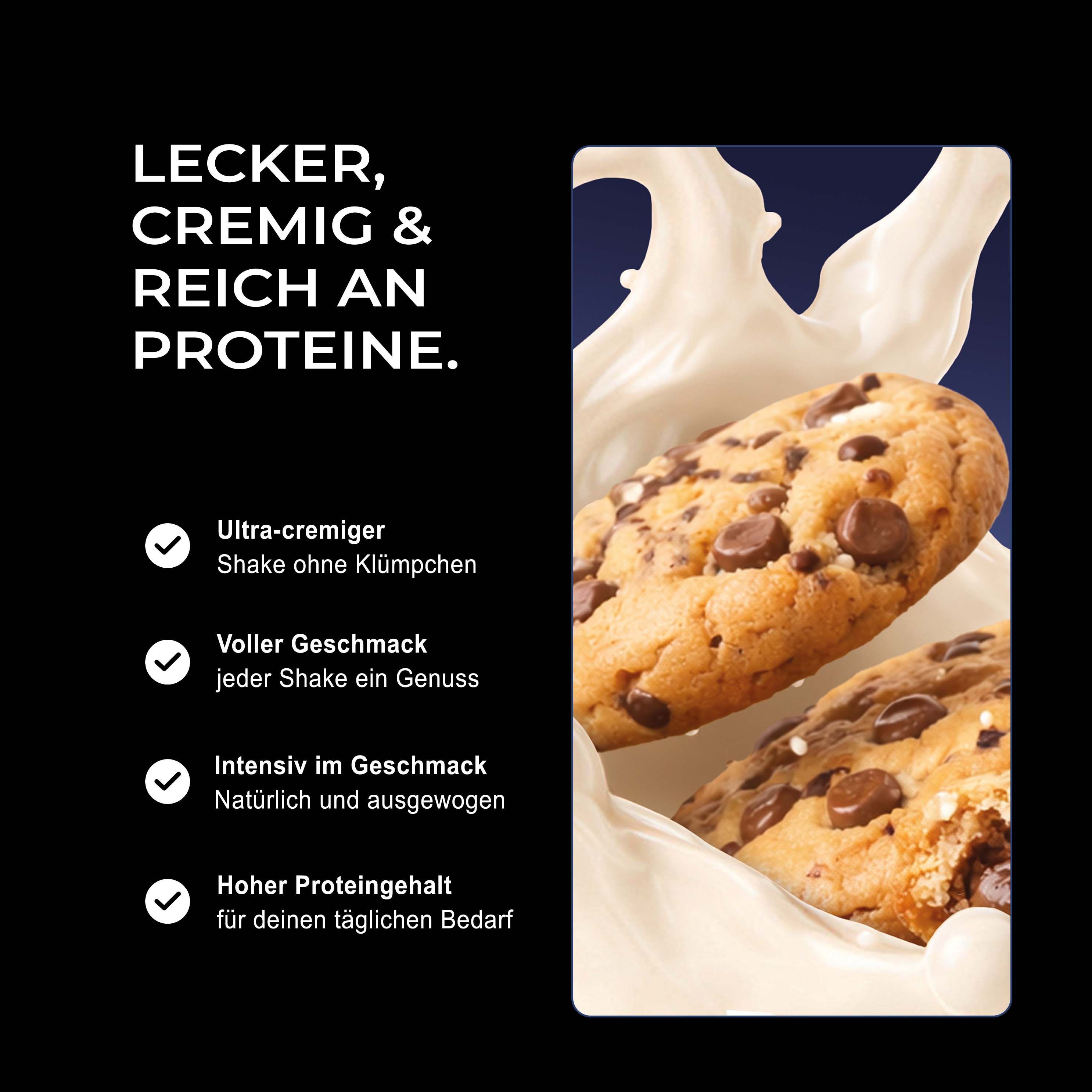Nahaufnahme von Keksen in Milch, Neosupps Vision Whey Protein.