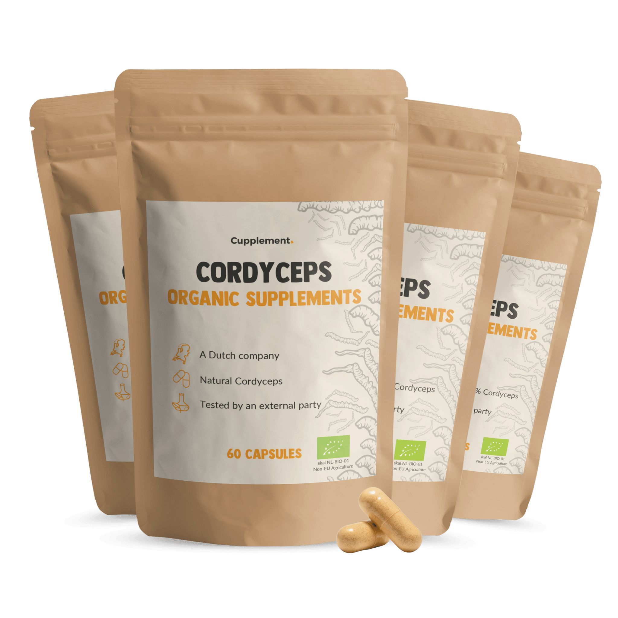 Mehrfachpackung Cordyceps Kapseln. Braune Beutel mit Produktinformationen. 60 Kapseln. Bio-Siegel.