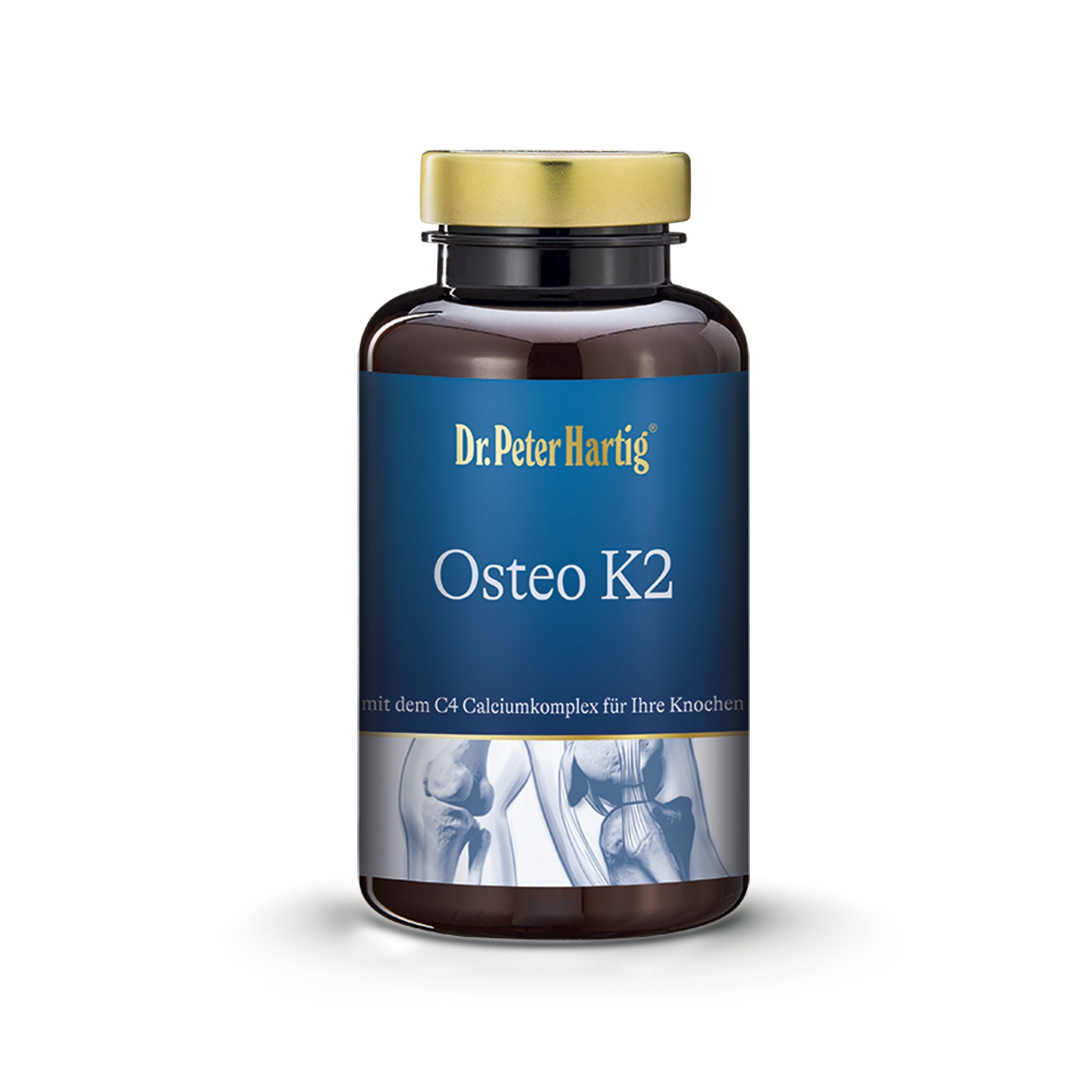 Braune Flasche mit goldenem Deckel. Aufschrift: Dr. Peter Hartig Osteo K2. Abbildung von Knochen.