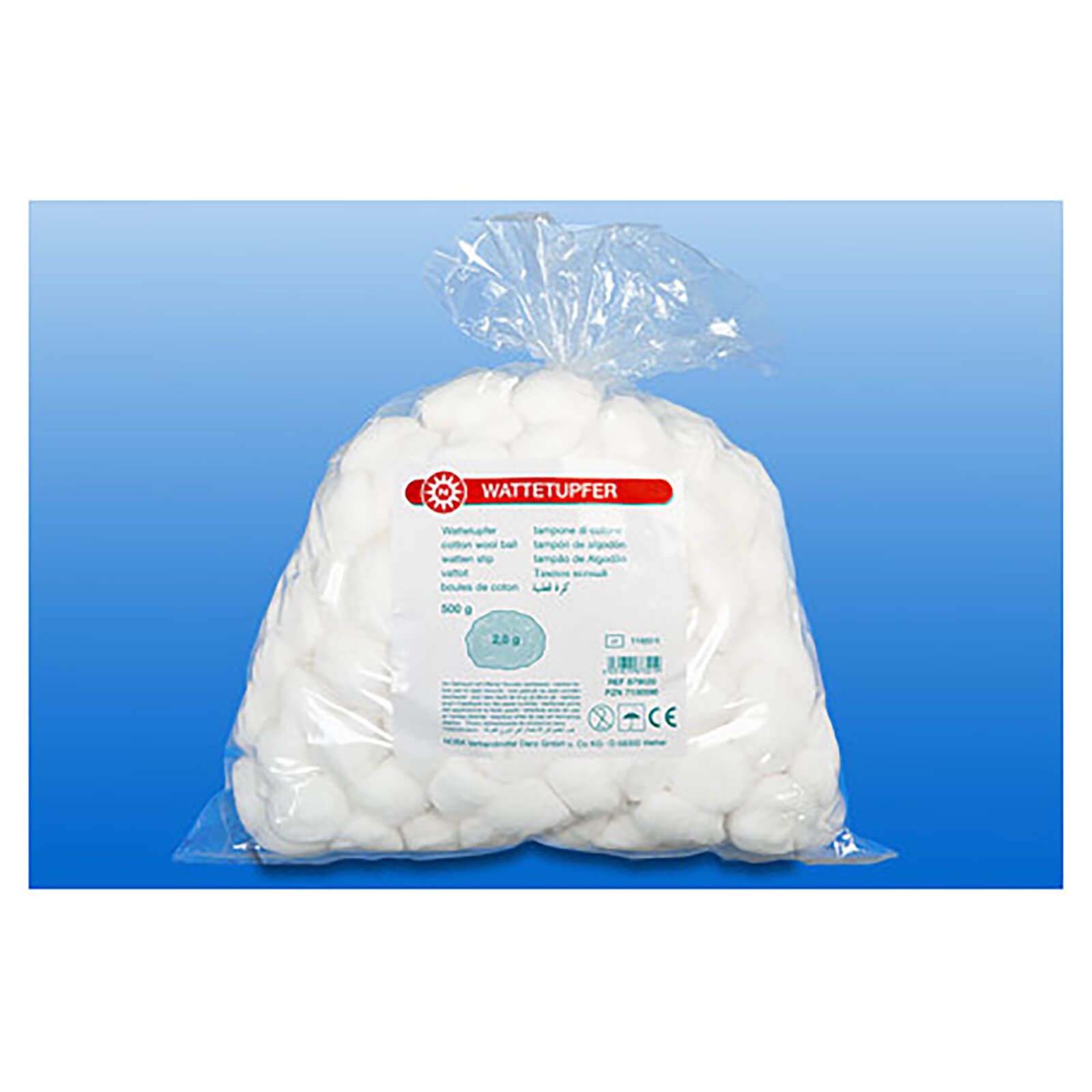 Beutel Watte-Tupfer, transparent verpackt. Roter Streifen mit Schriftzug. 500 g. CE-Kennzeichnung.
