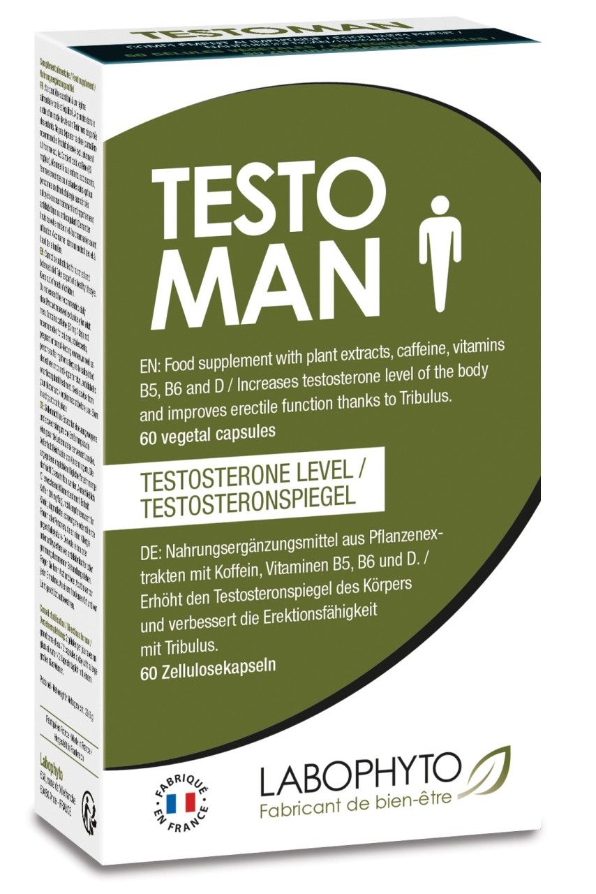 Verpackung von Testo Man Kapseln. Enthält 60 Kapseln. Aufschrift: LABOPHYTO. Französische Flagge. Text in Englisch und Deutsch.