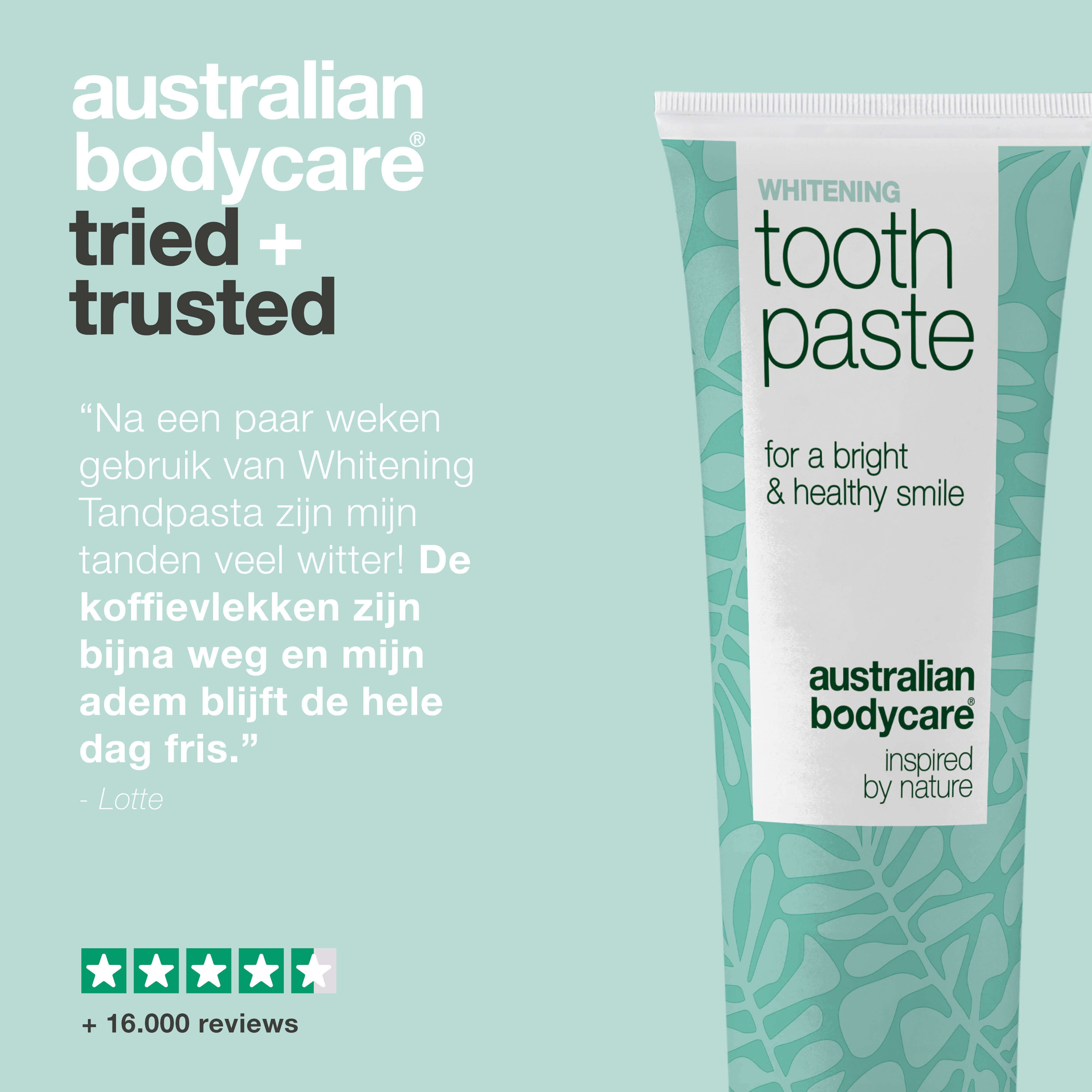 Tandpastatube met tekst en sterren. Opschrift: Whitening Toothpaste, Australian Bodycare, Freshmint.