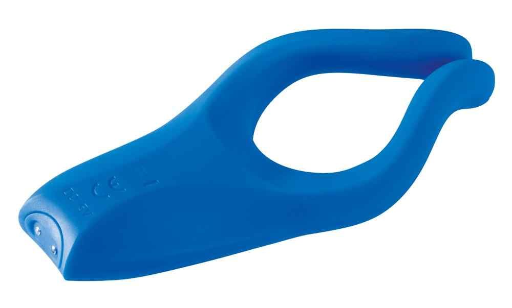 Blaues, ergonomisch geformtes Wellness-Produkt. Mit zwei Ausbuchtungen und zwei kleinen Öffnungen an der Spitze.