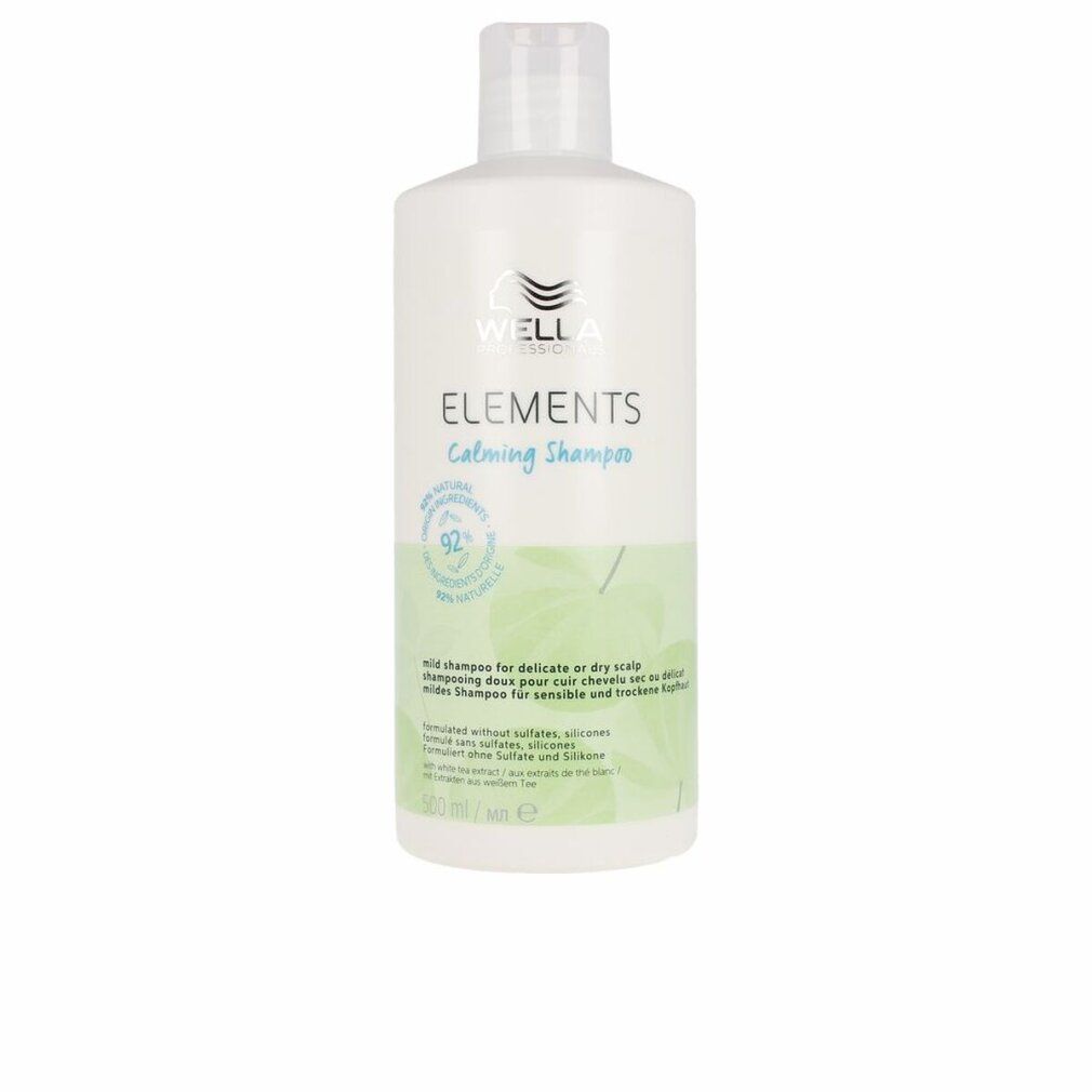 Wella Elements Calming Shampoo Flasche. Weißes Shampoo mit grünen Akzenten. Aufschrift: Elements Calming Shampoo.