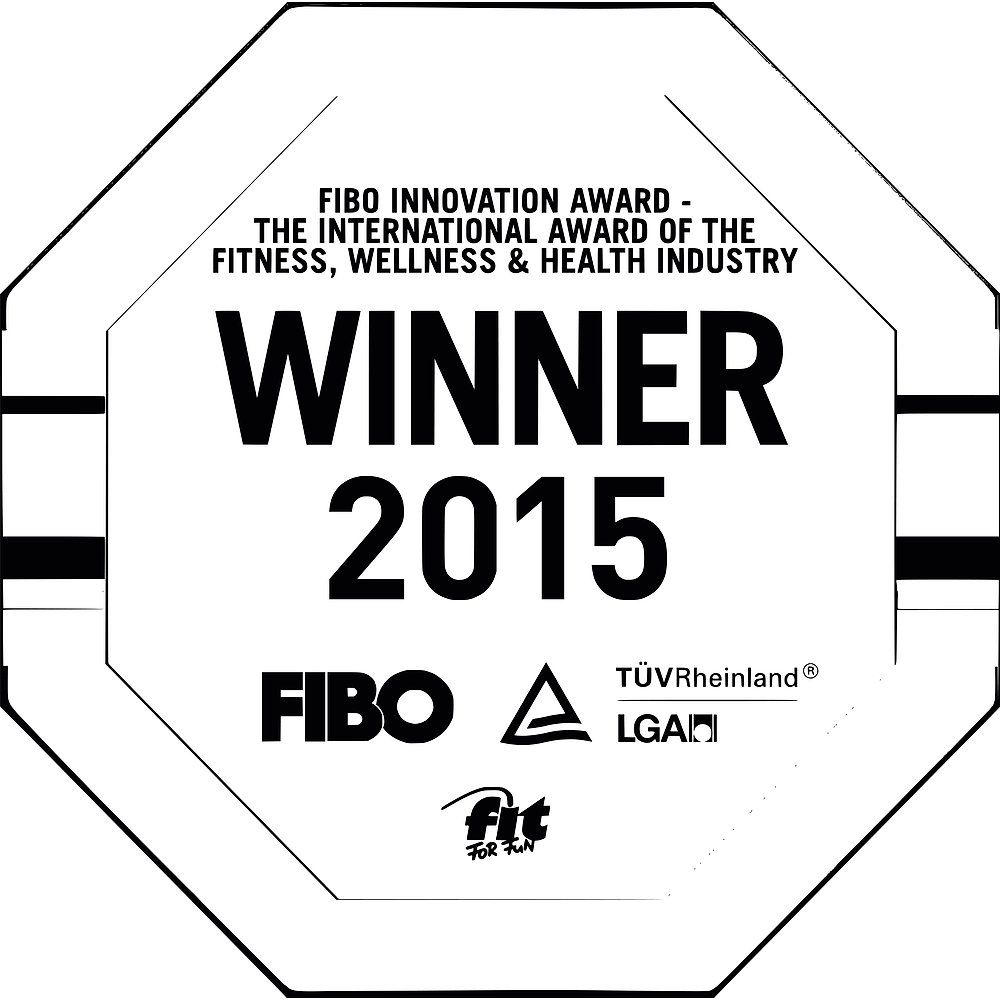Auszeichnung FIBO Innovation Award 2015. Text: WINNER 2015. Logos von FIBO, TÜV Rheinland, LGA und Fit for Fun.
