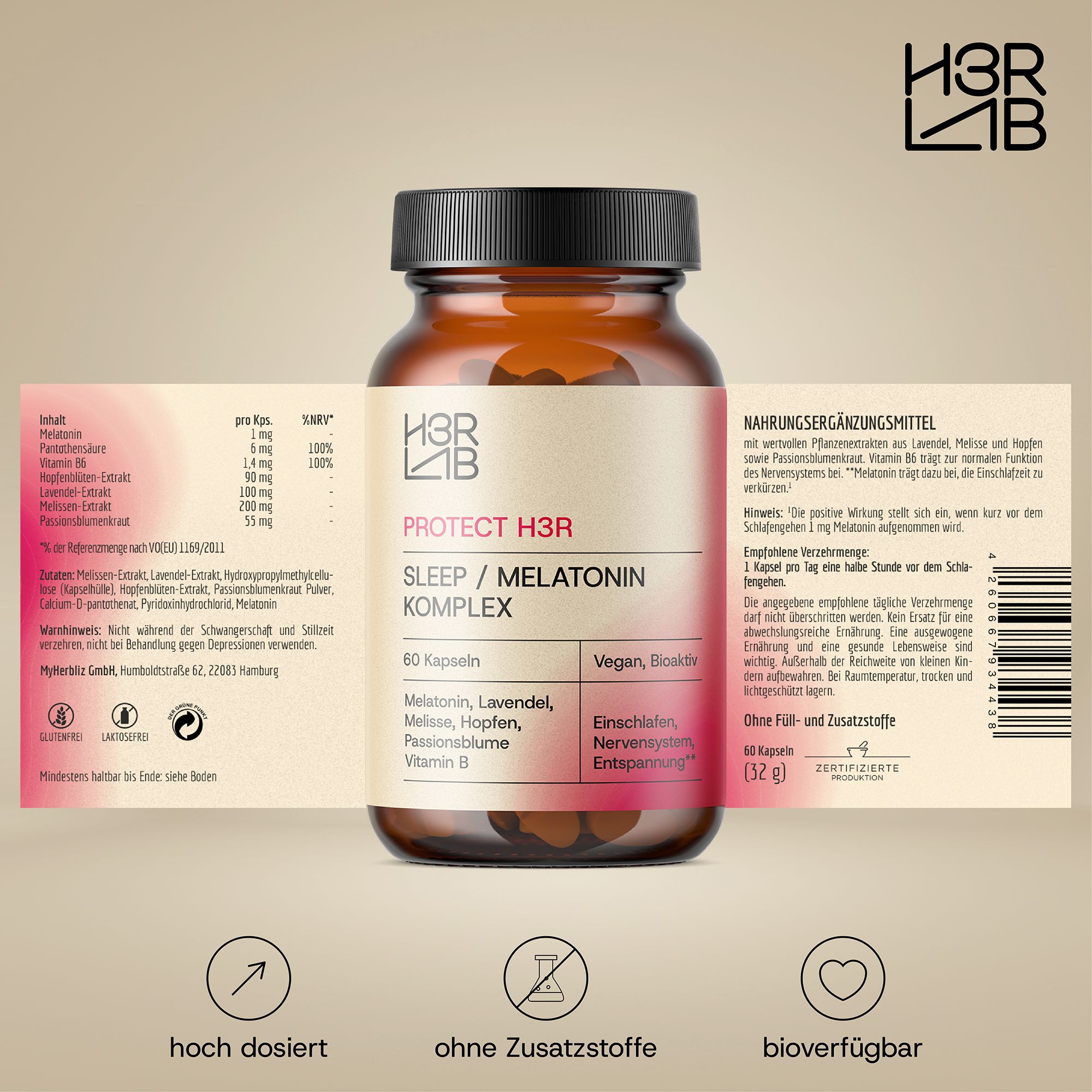 H3R LAB Melatonin Komplex – Lavendel, Melatonin & B-Vitamine für Deine Abendroutine