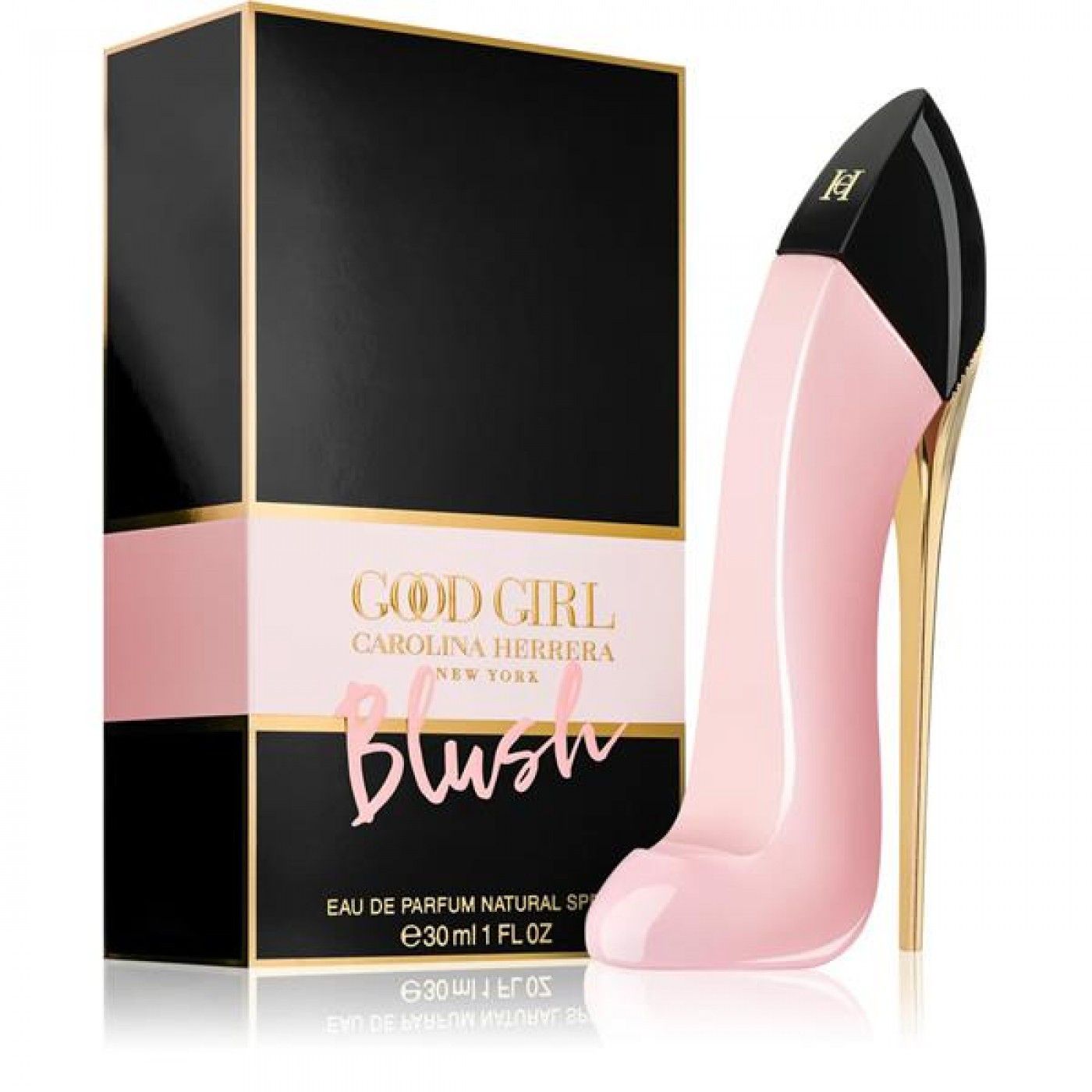 Rosa High Heel Flakon neben schwarzer Verpackung mit Goldakzenten. Aufschrift: GOOD GIRL BLUSH, CAROLINA HERRERA, NEW YORK.