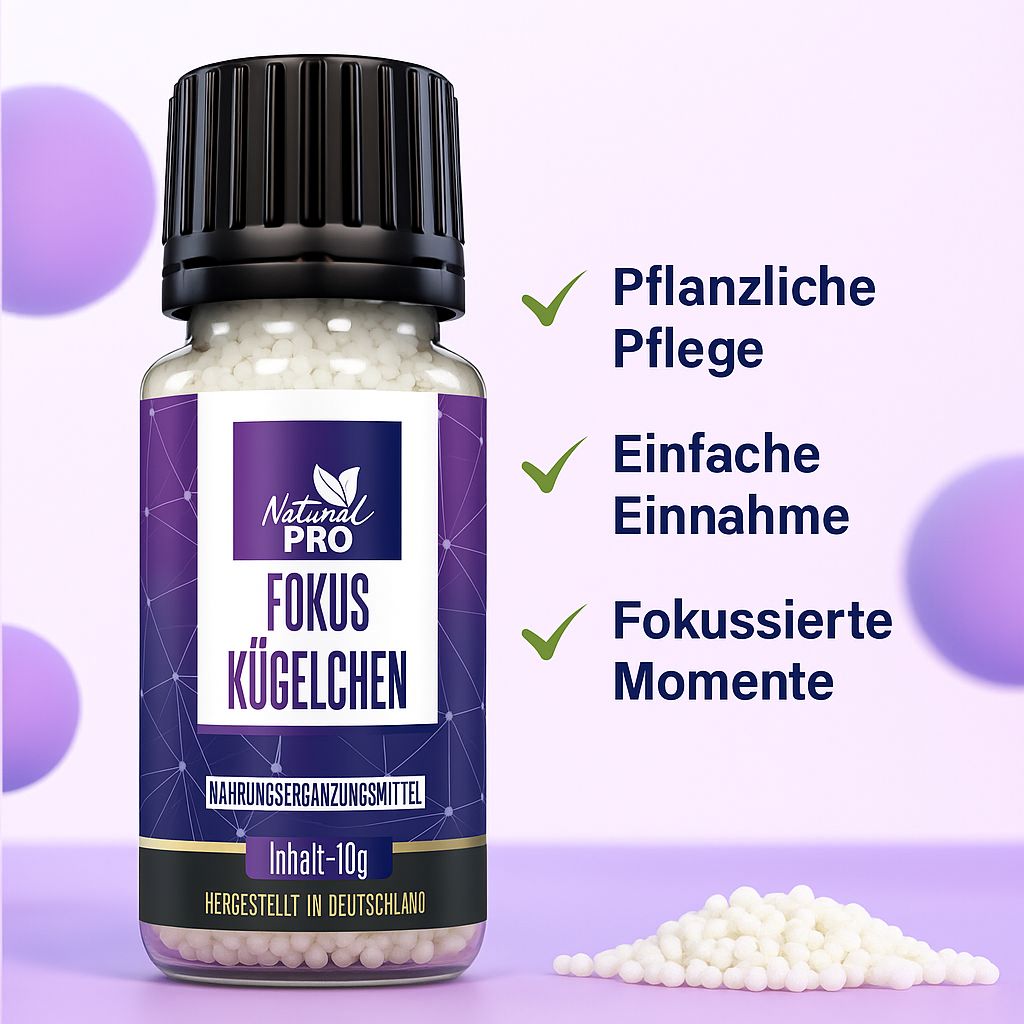 Braune Glasflasche mit schwarzem Deckel. Etikett mit Produktname und Logo. Text: Pflanzliche Pflege, Einfache Einnahme, Fokussierte Momente.