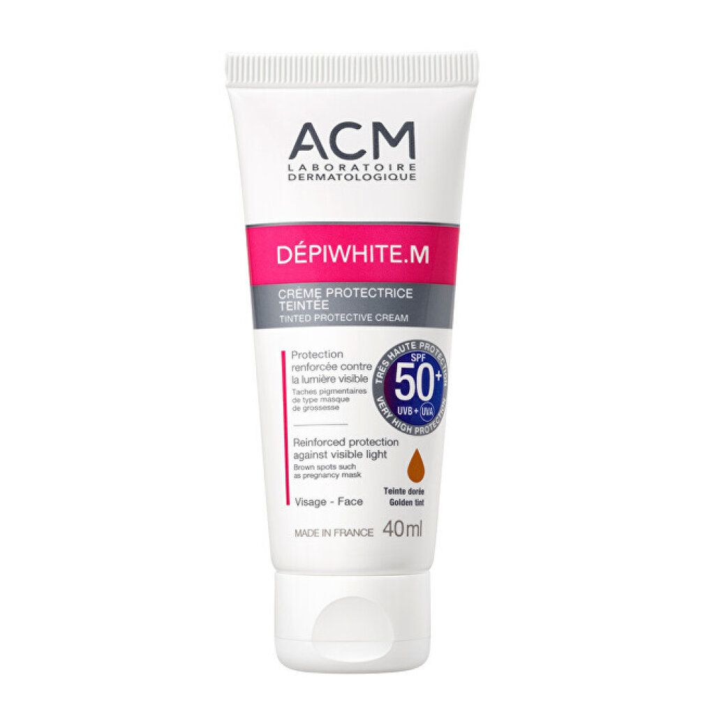 Weiße Tube mit rosa und grauer Beschriftung. Text: ACM, DÉPIWHITE.M, Crème Protectrice Teintée, SPF 50+.