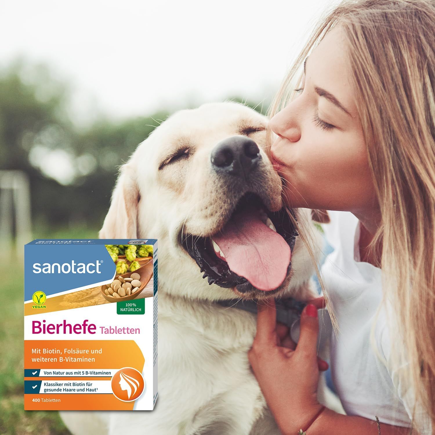sanotact Bierhefe Tabletten Packung. Mit Biotin, Folsäure und weiteren B-Vitaminen. 400 Tabletten. Vegan-Zertifizierung. Hund.