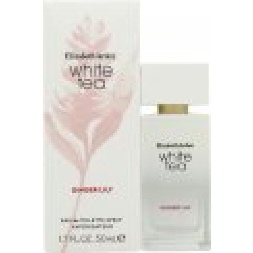 Weiße Flasche und Schachtel. Aufschrift: Elizabeth Arden White Tea Ginger Lily. Flasche mit goldfarbenem Deckel.