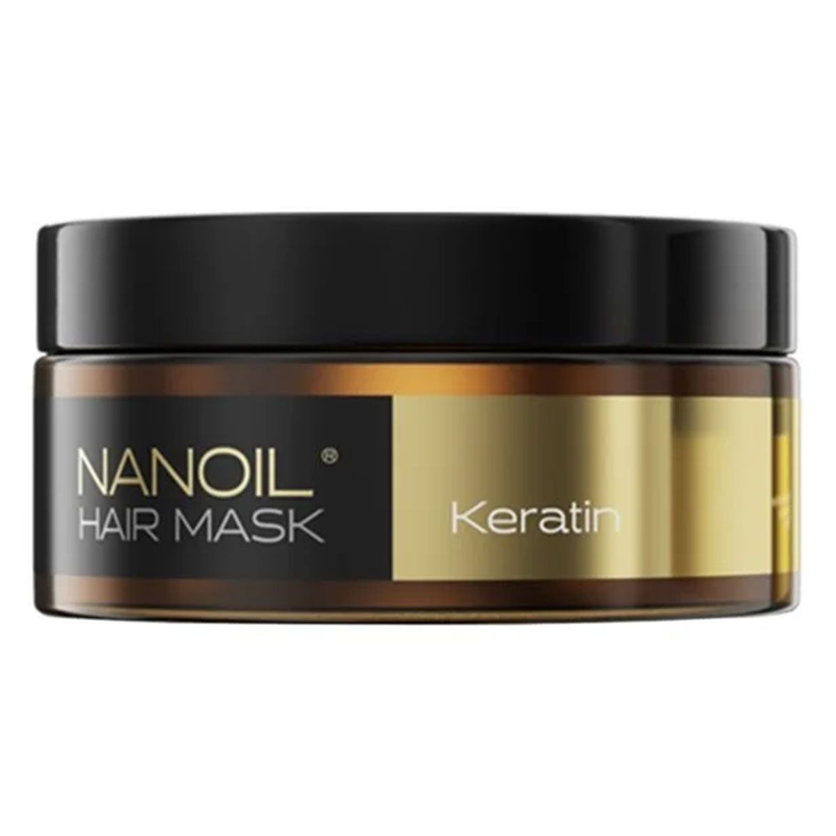 Nanoil Haarmaske mit Keratin in brauner Tiegelverpackung mit schwarzem Deckel.