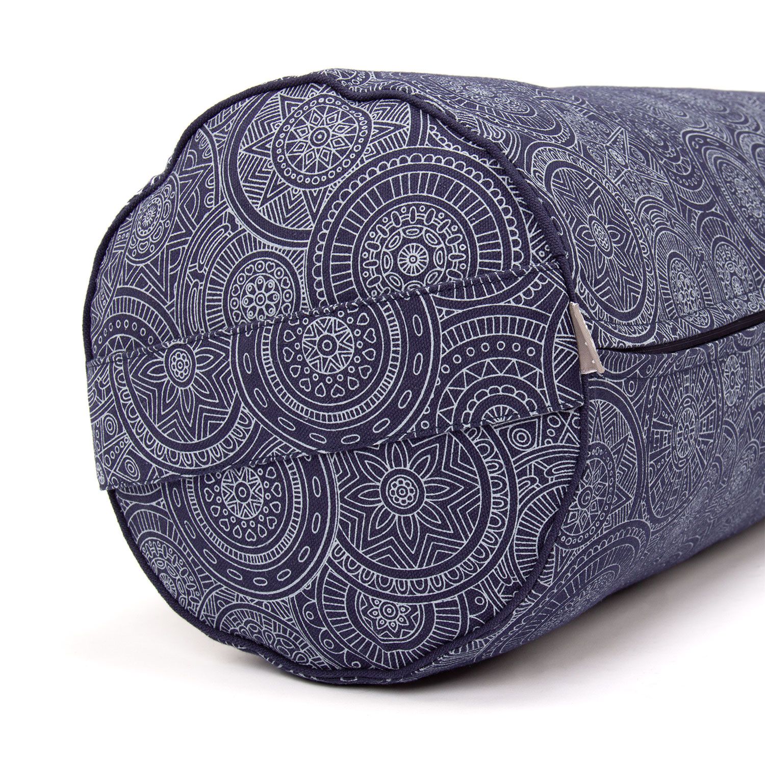 Maharaja Collection: Gemustertes Yoga-Bolster (rund), "Mandala", dunkelblau, Dinkelhülsen