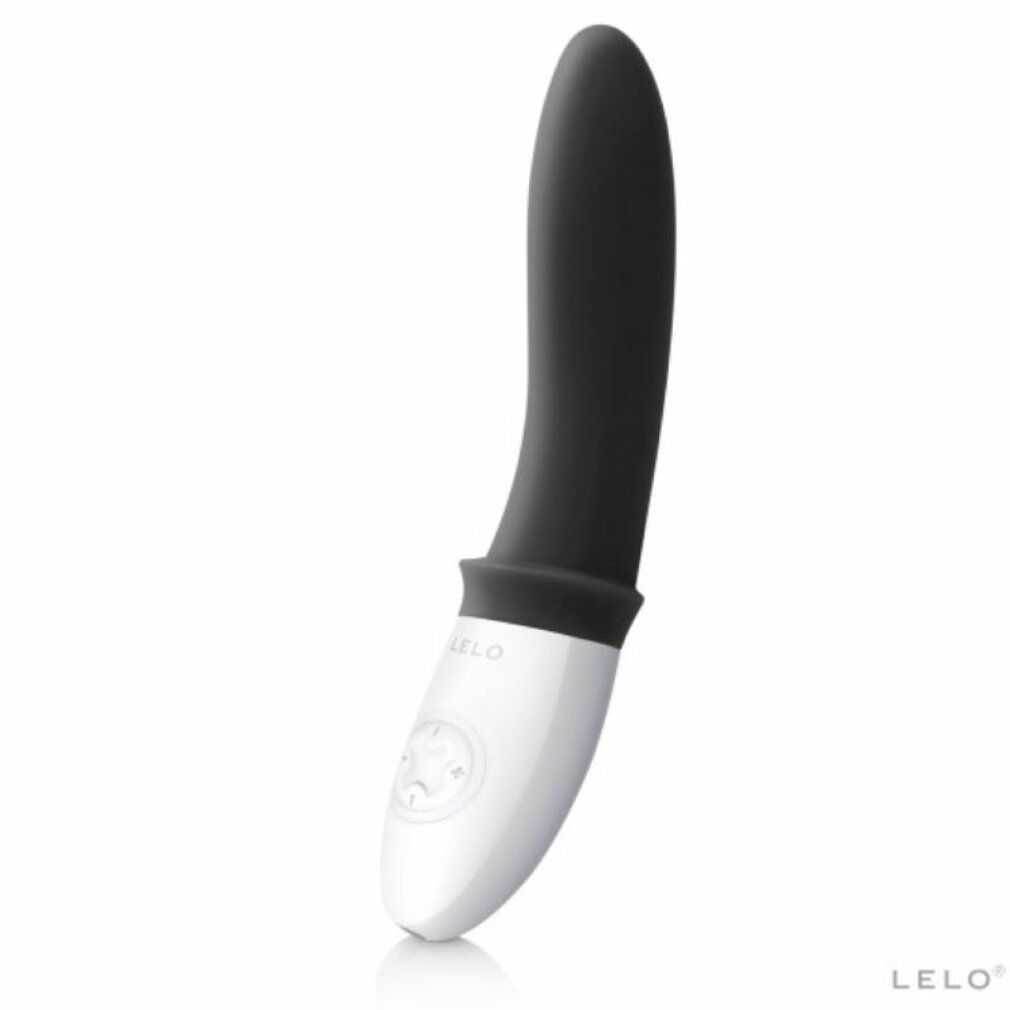 Schwarz-weißer Prostatamassager. Gebogene Form, abgerundete Spitze. Marke LELO.