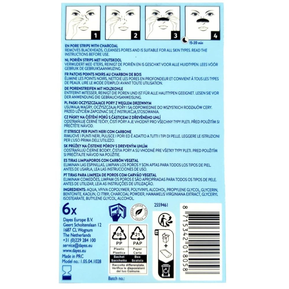 Rückseite der Verpackung. Enthält Anweisungen und Inhaltsstoffe. Aufschrift "Pore Strips with Charcoal". 6 Stück. Recycling-Symbole.