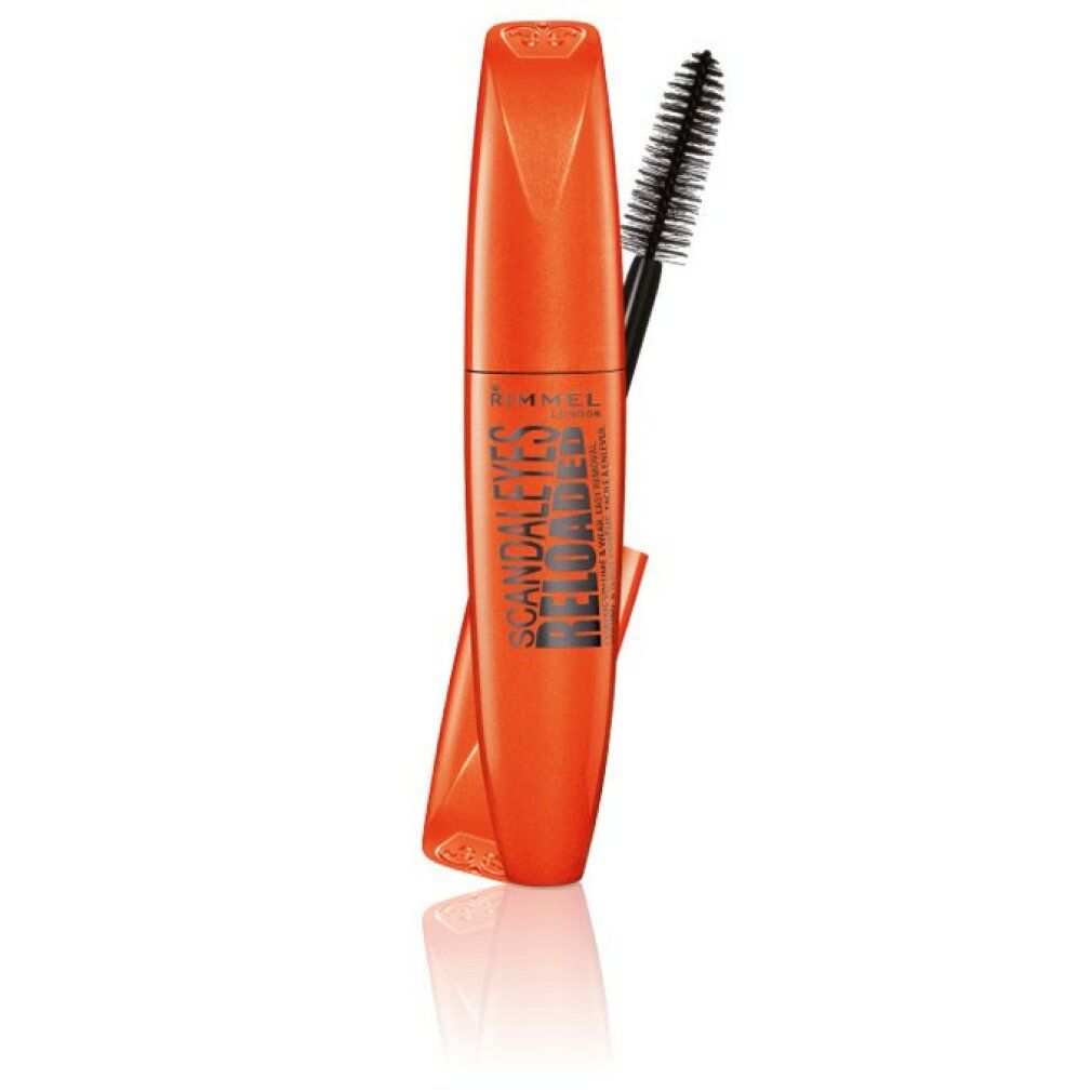 Orangefarbene Mascara-Tube und -Bürste. Schwarze Schrift: Scandaleyes Reloaded. Rimmel London.