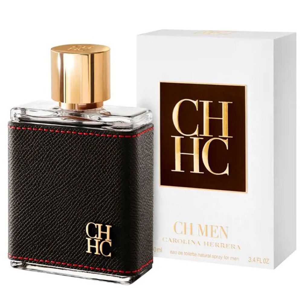 Carolina Herrera CH Men Eau de Toilette Spray mit Verpackung. Flakon mit schwarzer Lederummantelung.