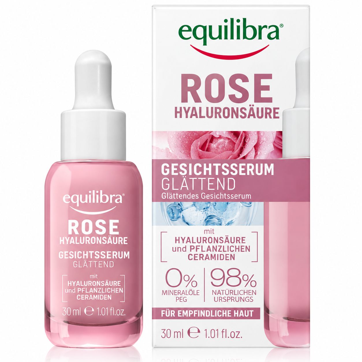 Equilibra Rose Hyaluronsäure Glättendes Gesichtsserum mit Tiegel und Verpackung.