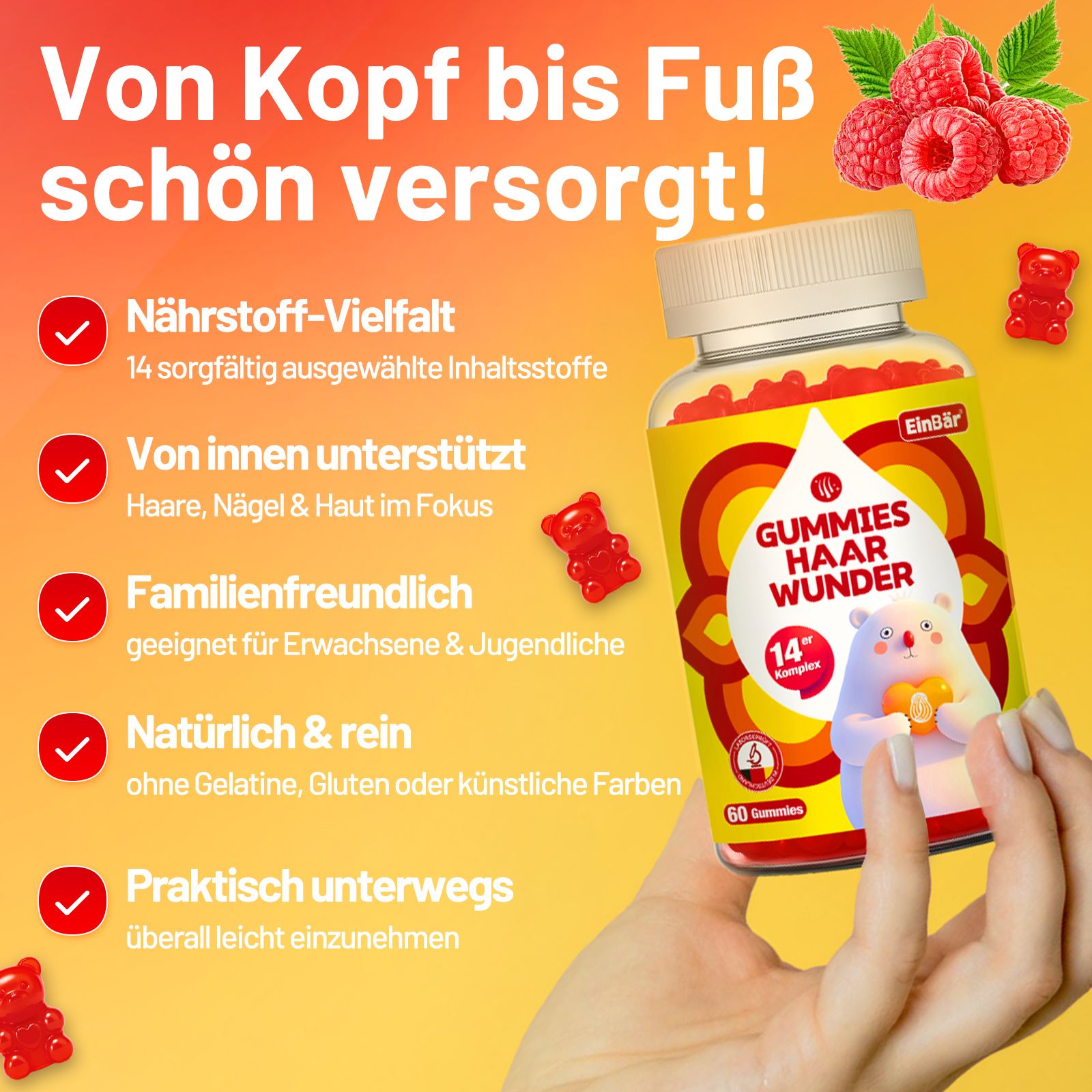 Flasche mit Gummibärchen für Haare, Nägel und Haut. Enthält 60 Gummibärchen.