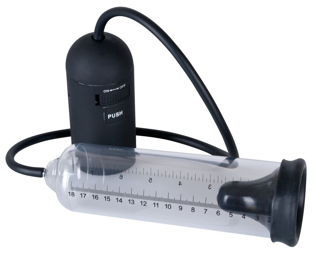 Zylinderförmige Pumpe mit schwarzem Schlauch und Bedienungsteil. Skala in cm. Schwarzer Sockel und Anschluss.