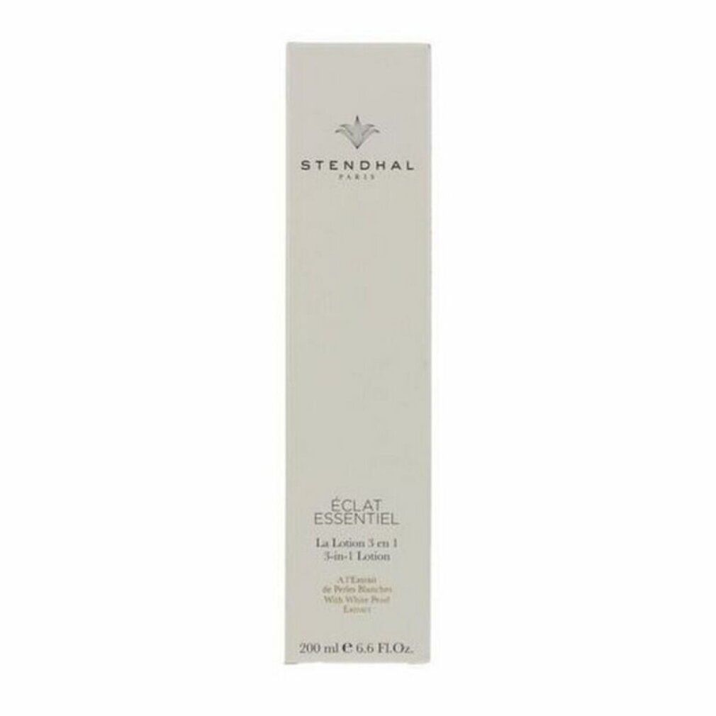 Lange, helle Verpackung. Aufschrift: Stendhal Paris, Éclat Essentiel, La Lotion 3 en 1. Unten: 200 ml.