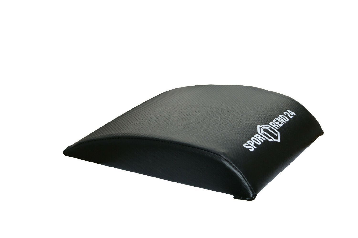 Schwarze Sporttrend24 Sit-Up-Matte. Halbmondförmig. Weißes Logo. Kunstleder-Oberfläche.