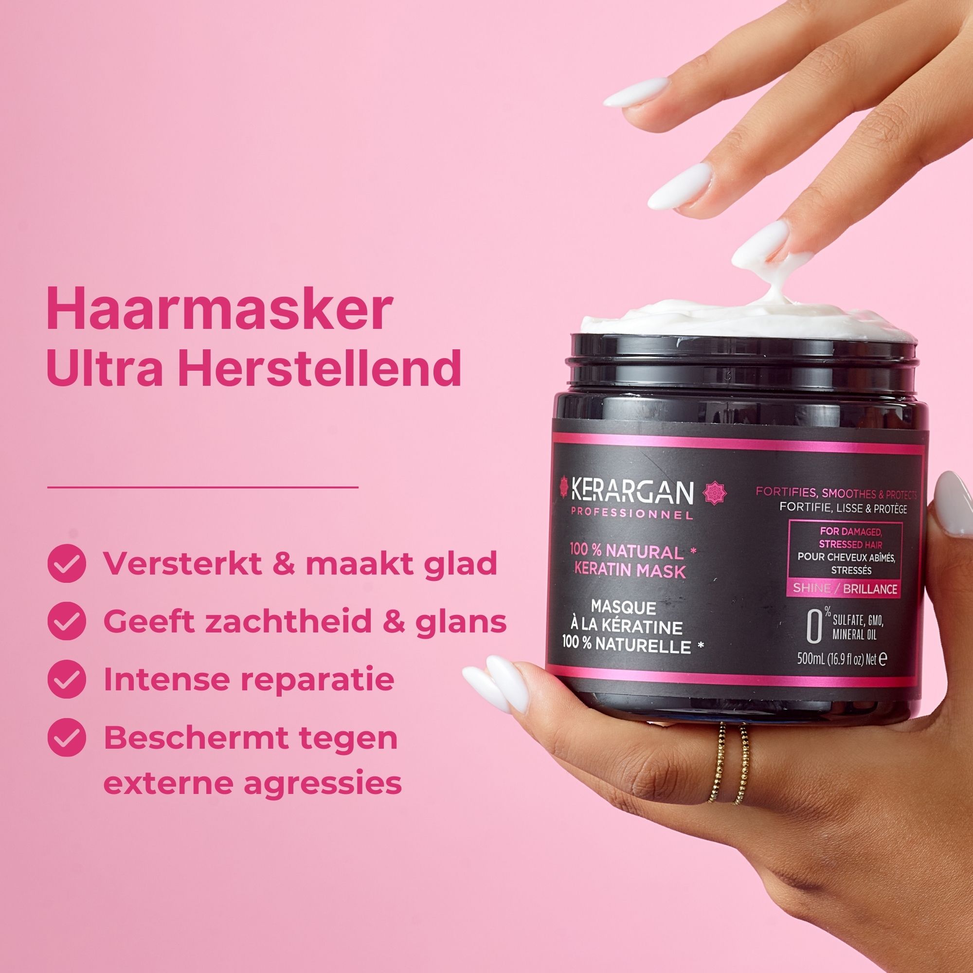 Pot met masker, roze achtergrond. Opschrift: Kerargan, 100% Natural Keratin Mask. Beauty Award.