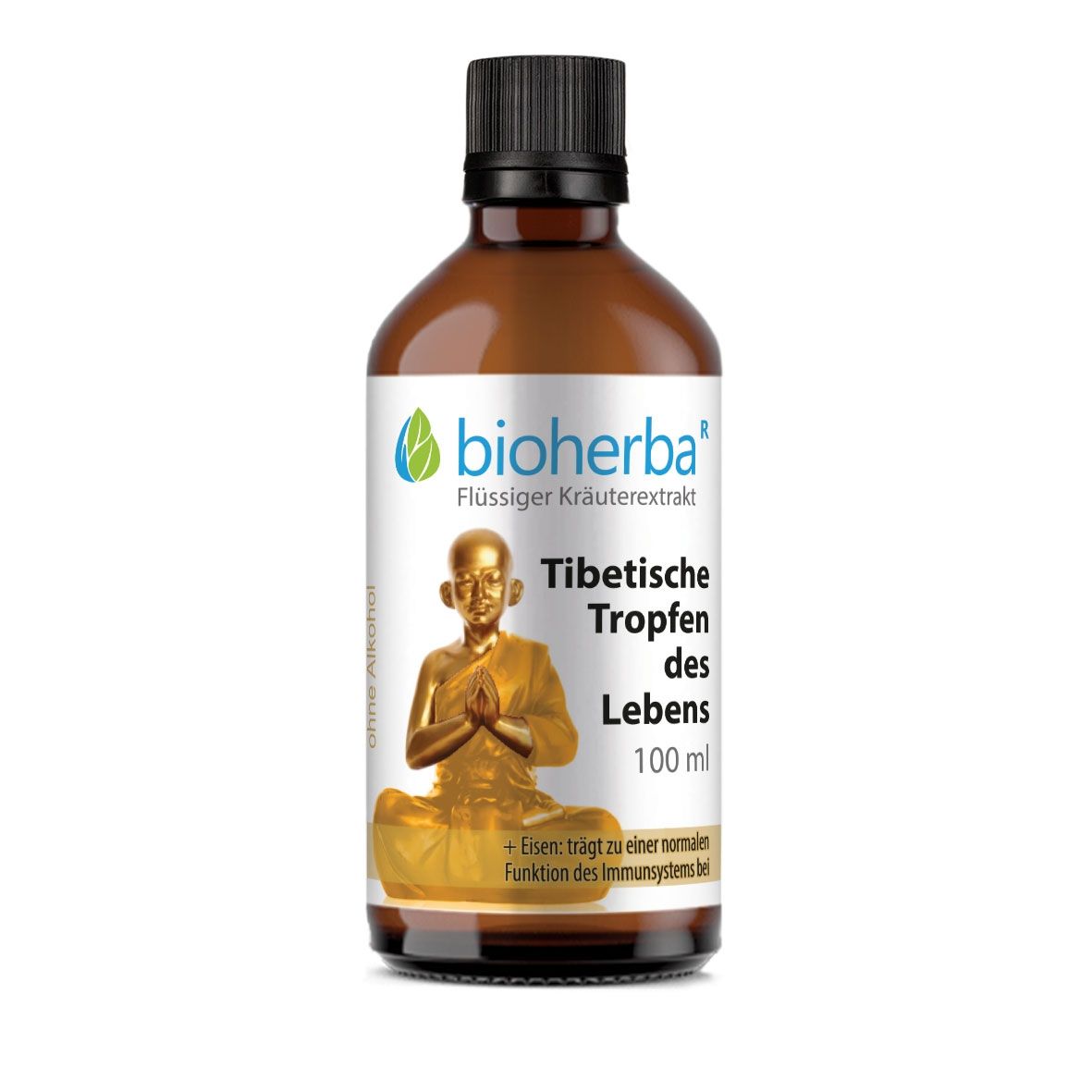 Braune Glasflasche mit schwarzem Deckel. Etikett mit Produktname und Logo. Goldene Buddha-Figur.