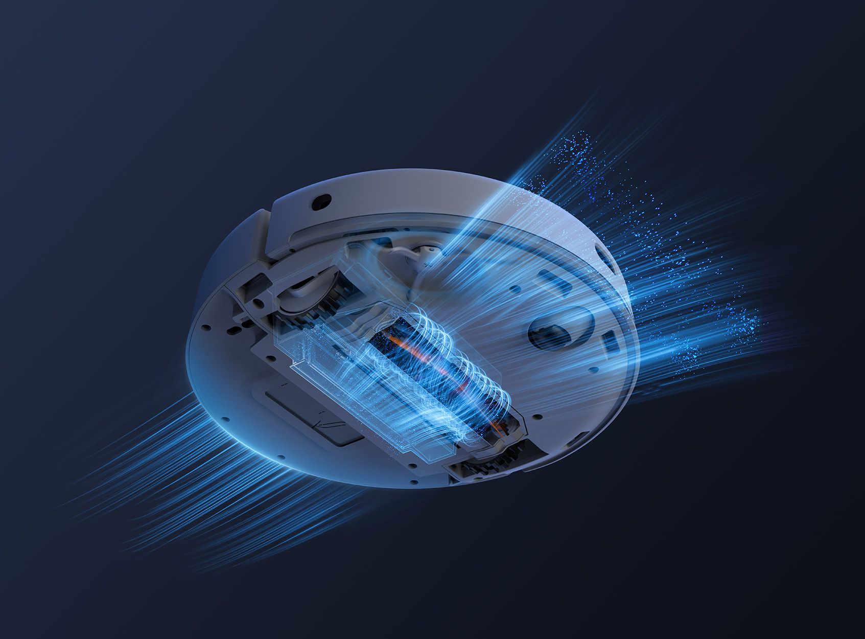 Schnittbild eines Roboterstaubsaugers. Blaue Lichteffekte zeigen die inneren Komponenten.